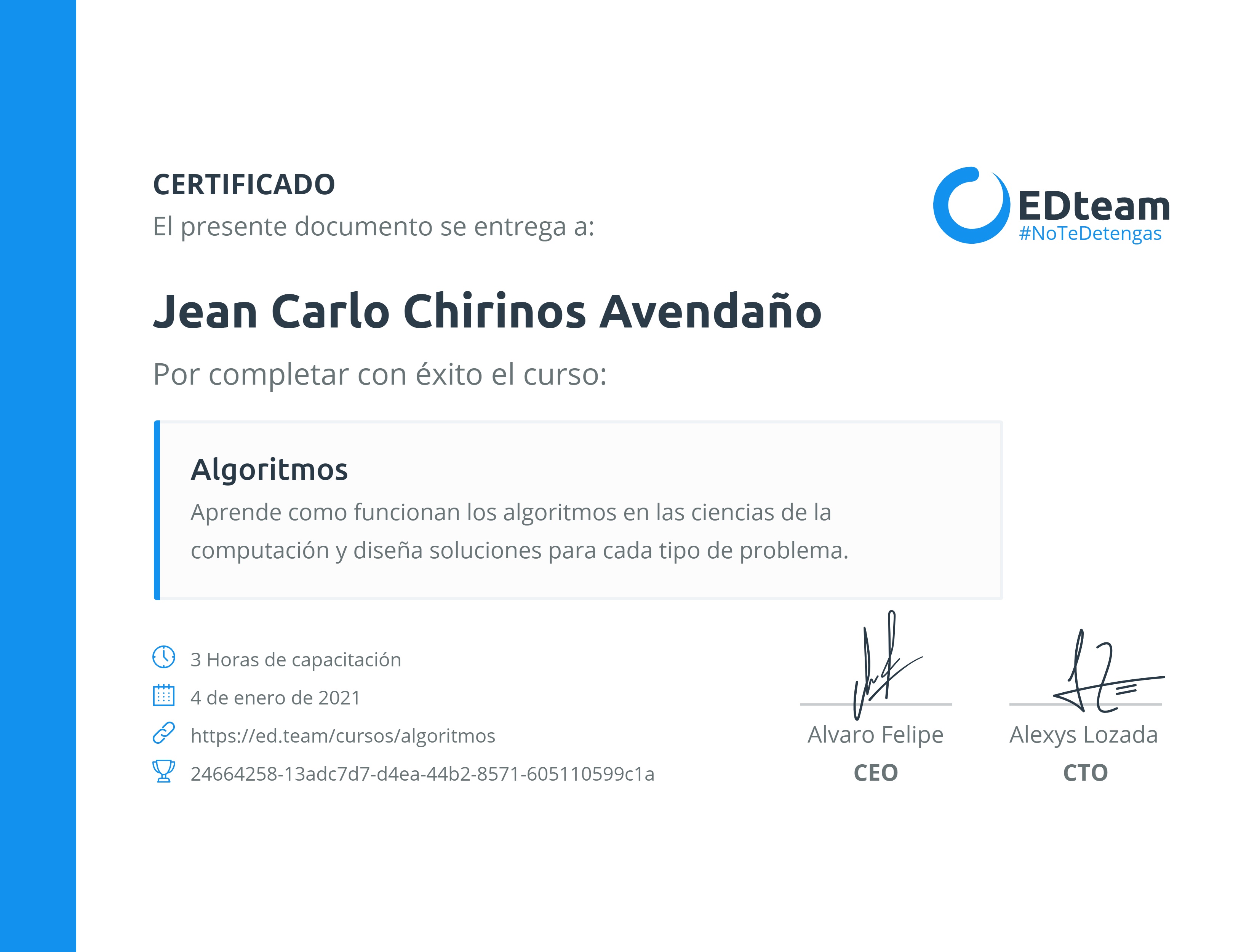 Certificado de Jean Chirinos del curso Algoritmos (2018)