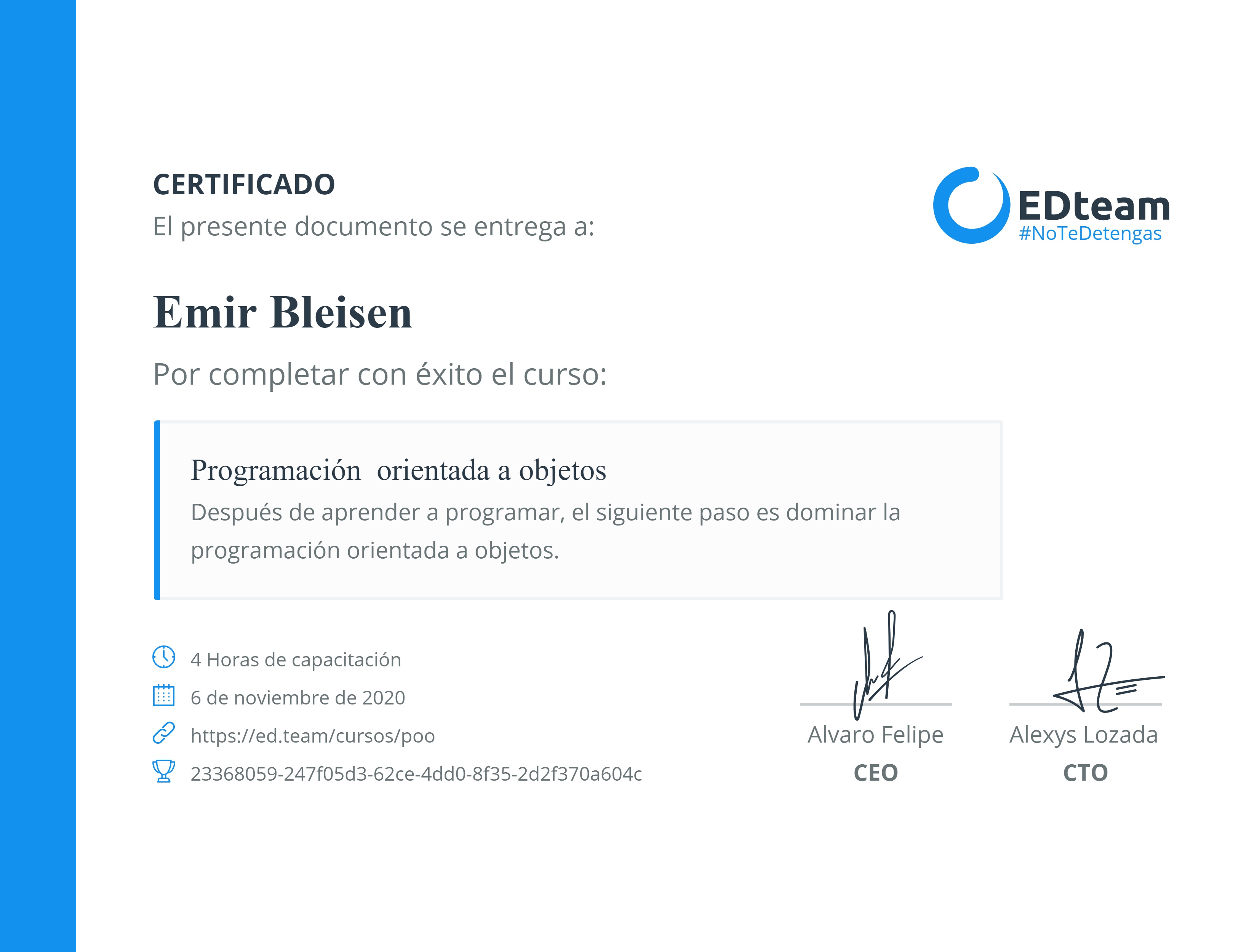 Certificado de Emir Bleisen del curso Programación orientada a objetos