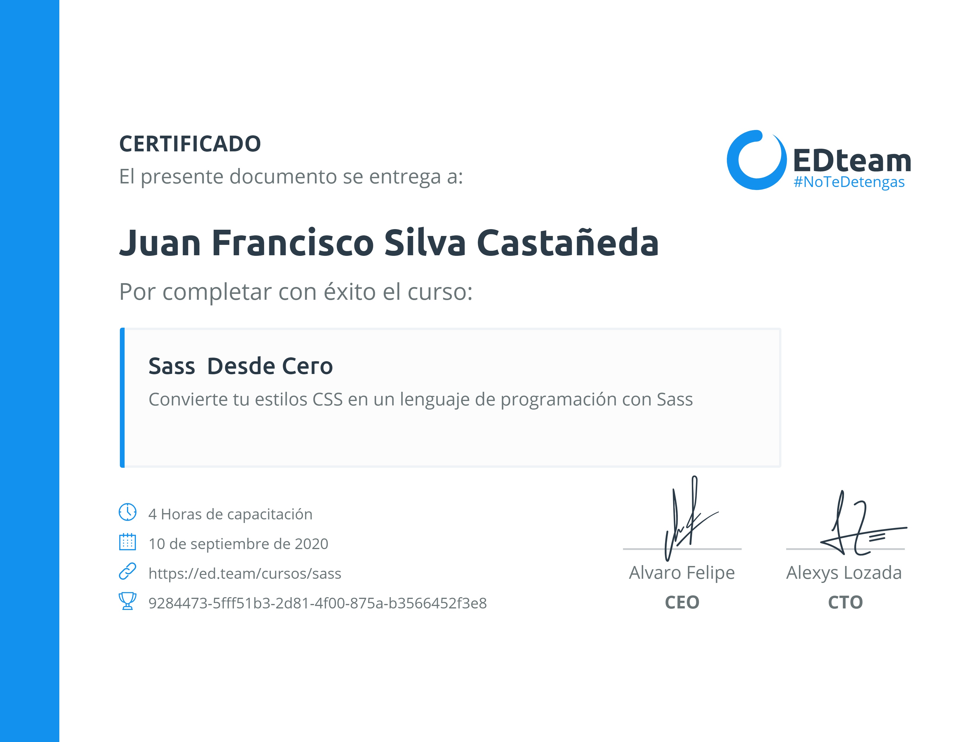 Certificado de Juan Francisco Silva Castañeda del curso Sass desde cero
