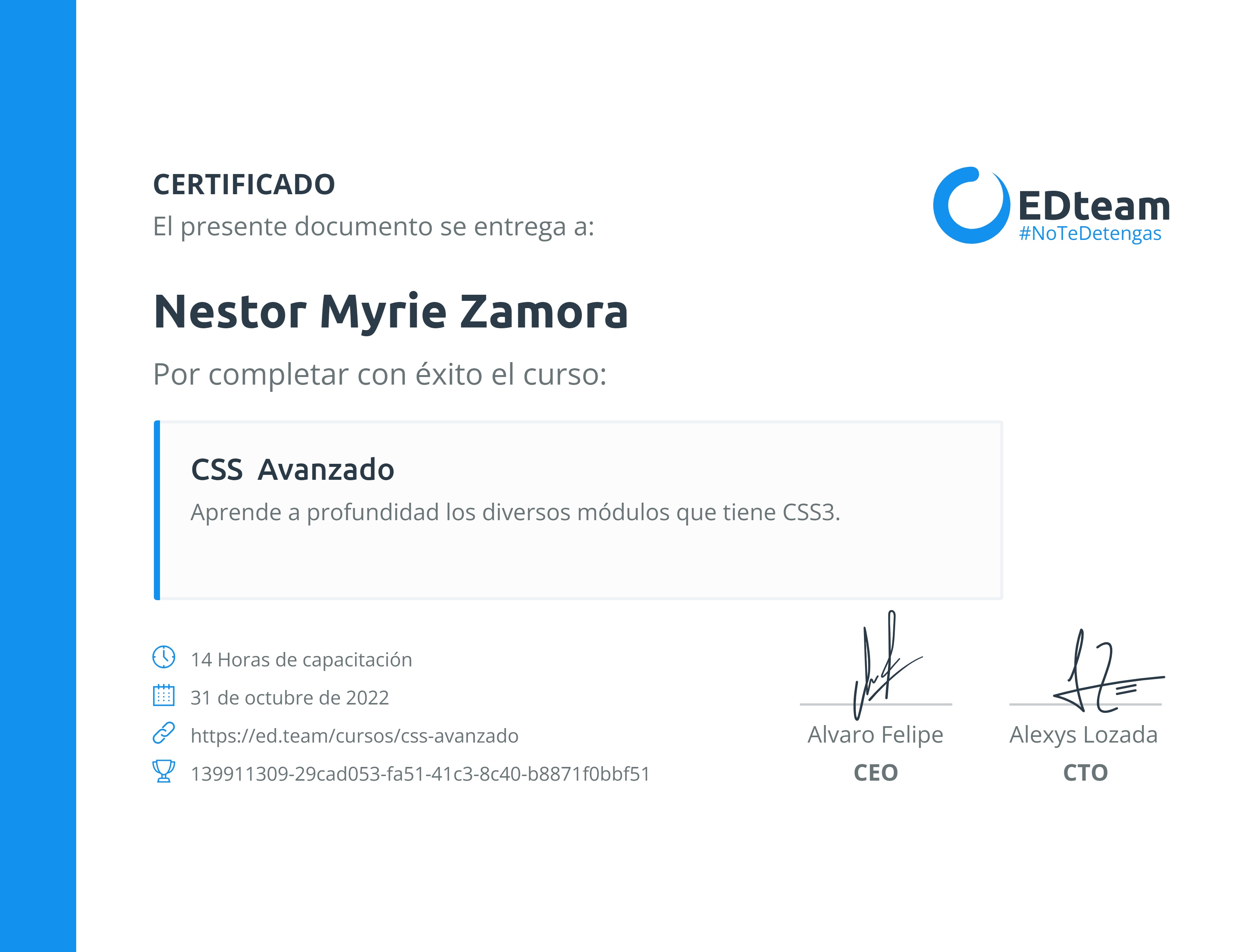Certificado de Nestor Myrie Zamora del curso CSS Avanzado