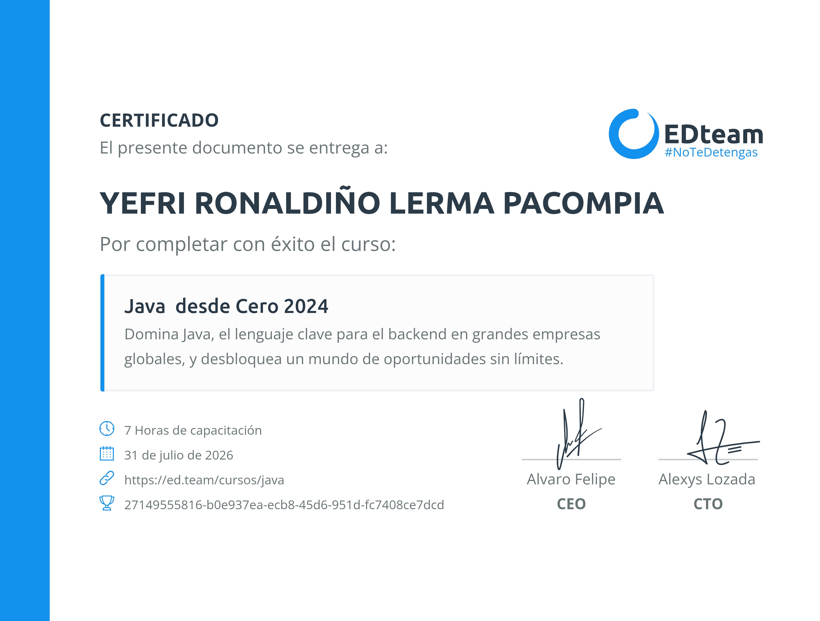 Certificado de YEFRI RONALDIÑO LERMA PACOMPIA del curso Java desde Cero 2024