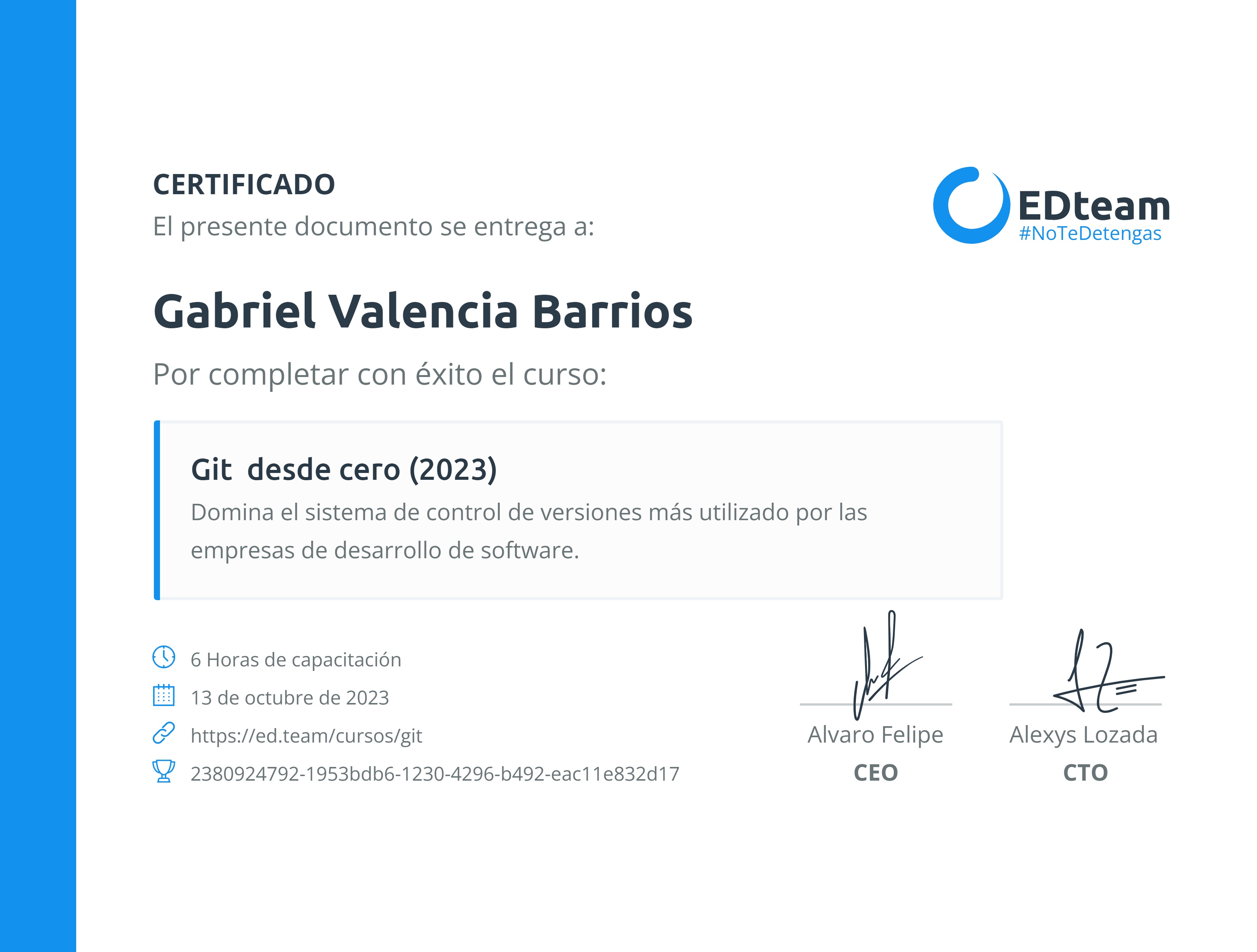 Certificado de Gabriel Valencia Barrios del curso Git desde cero (2023)