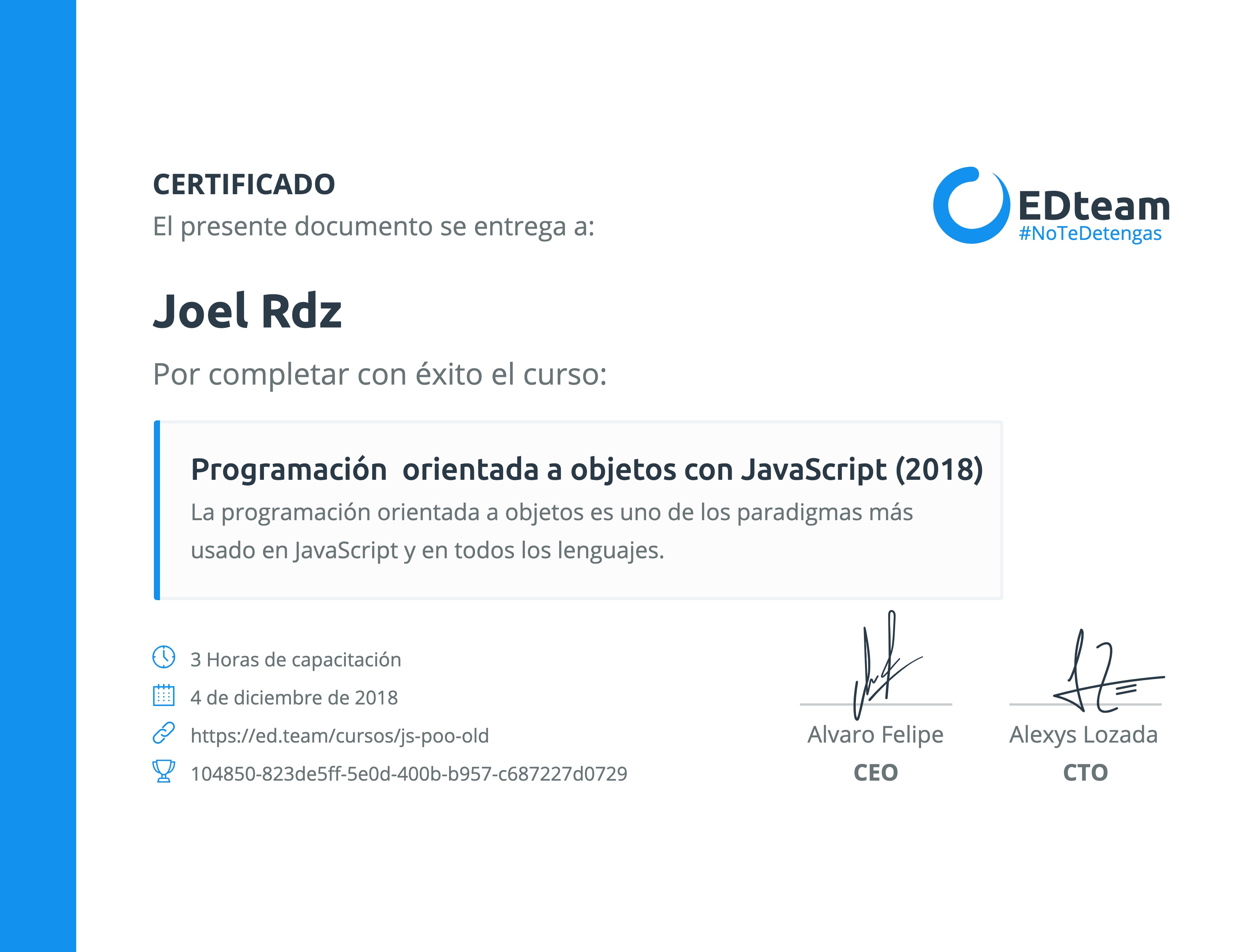 Certificado de Joel Rdz del curso Programación orientada a objetos con JavaScript (2018)