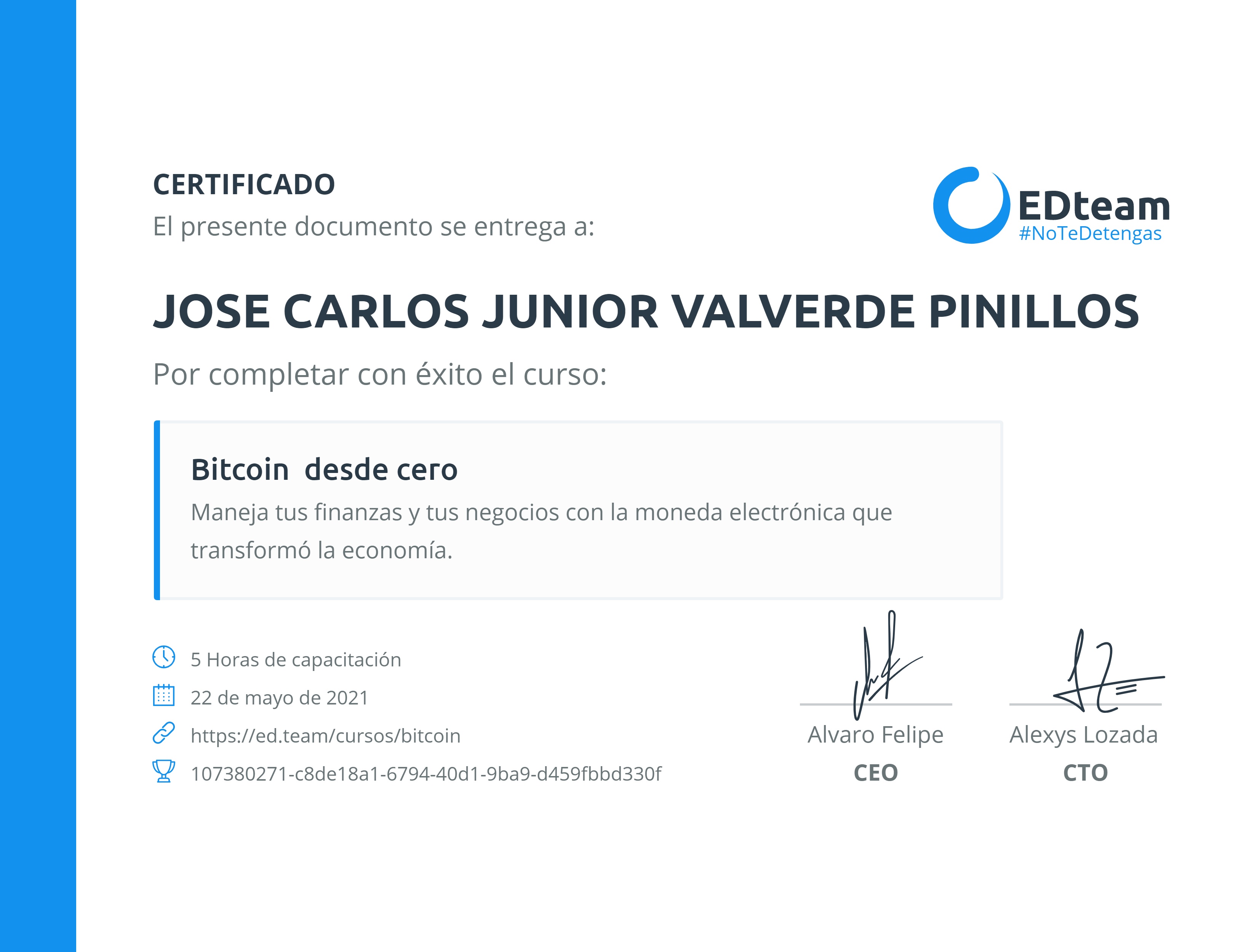 Certificado de JOSE CARLOS JUNIOR VALVERDE PINILLOS del curso Bitcoin desde  cero | EDteam