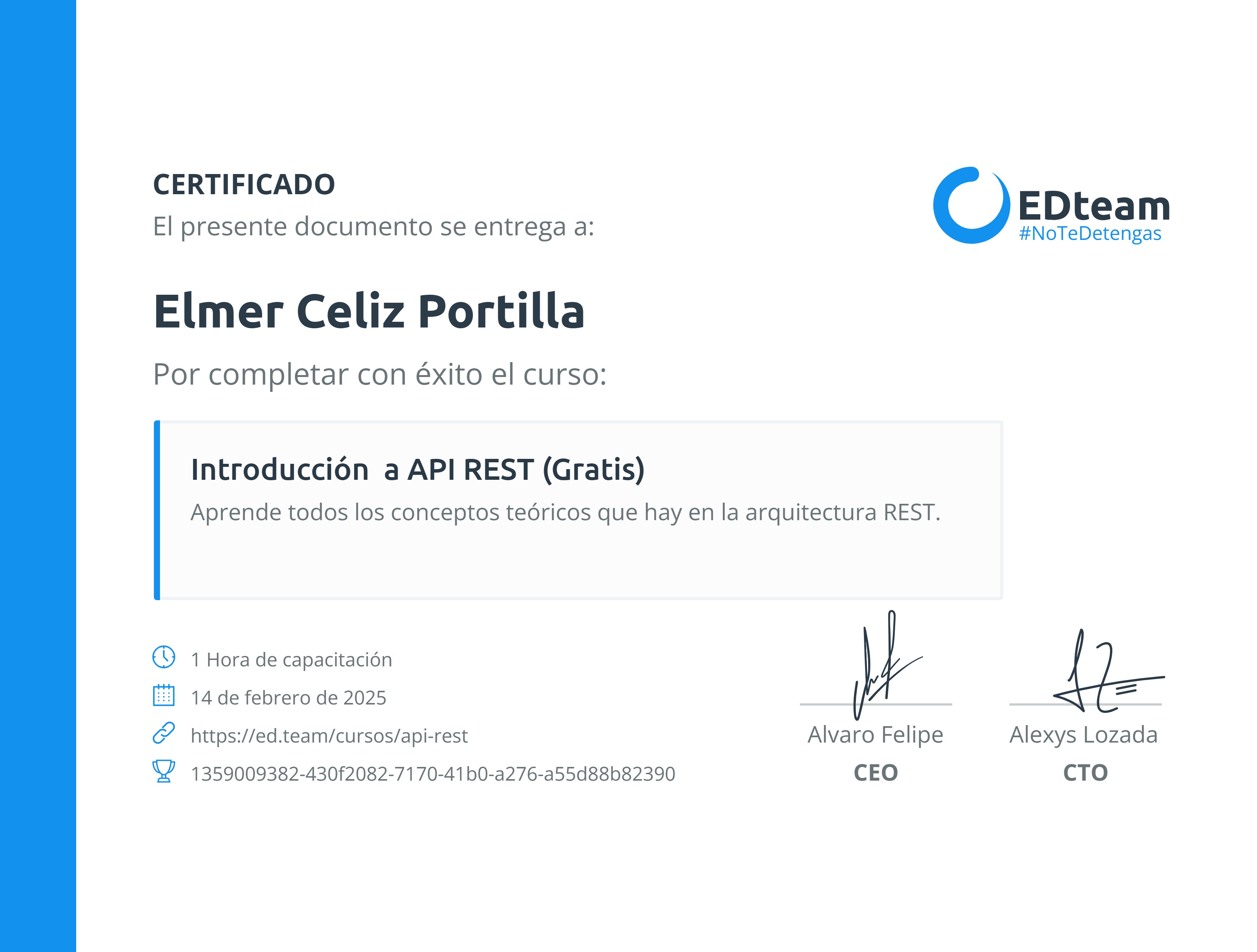 Certificado de Elmer Celiz Portilla del curso Introducción a API REST (Gratis)