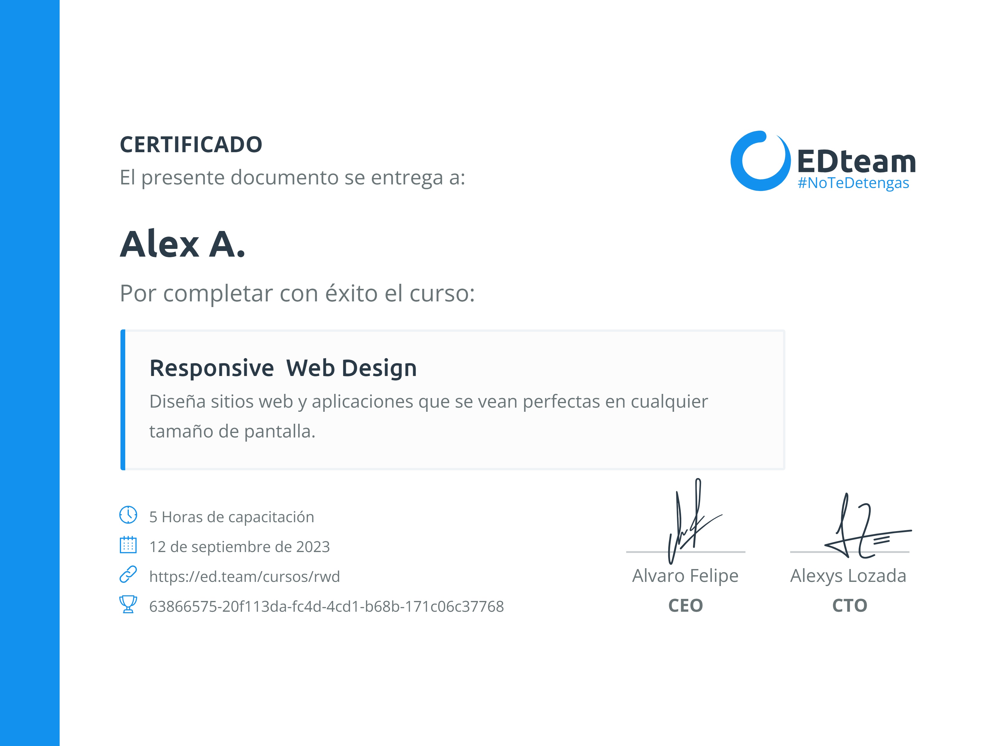 Certificado de Alex A. del curso Responsive Web Design