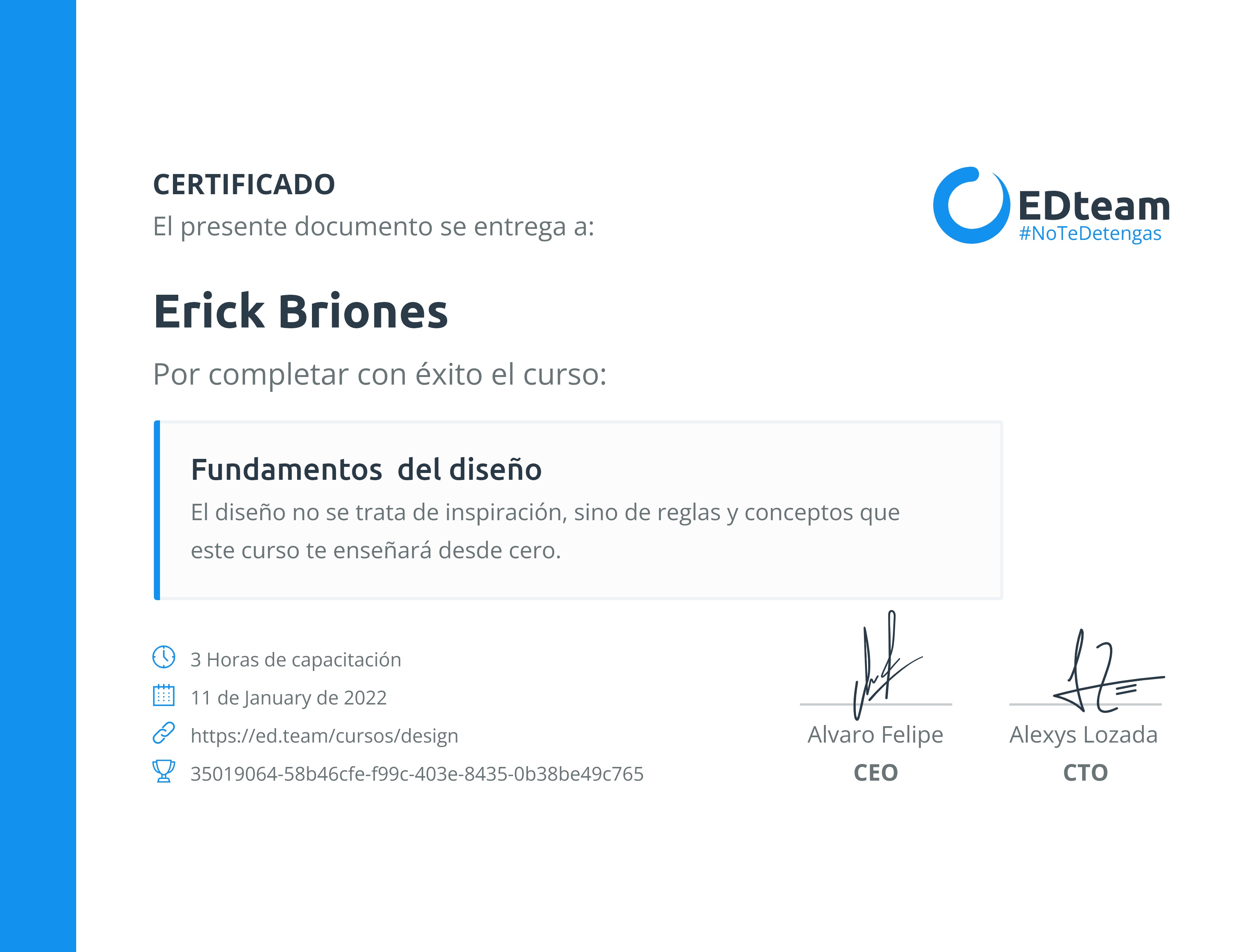 Certificado de Erick Briones del curso Fundamentos del diseño