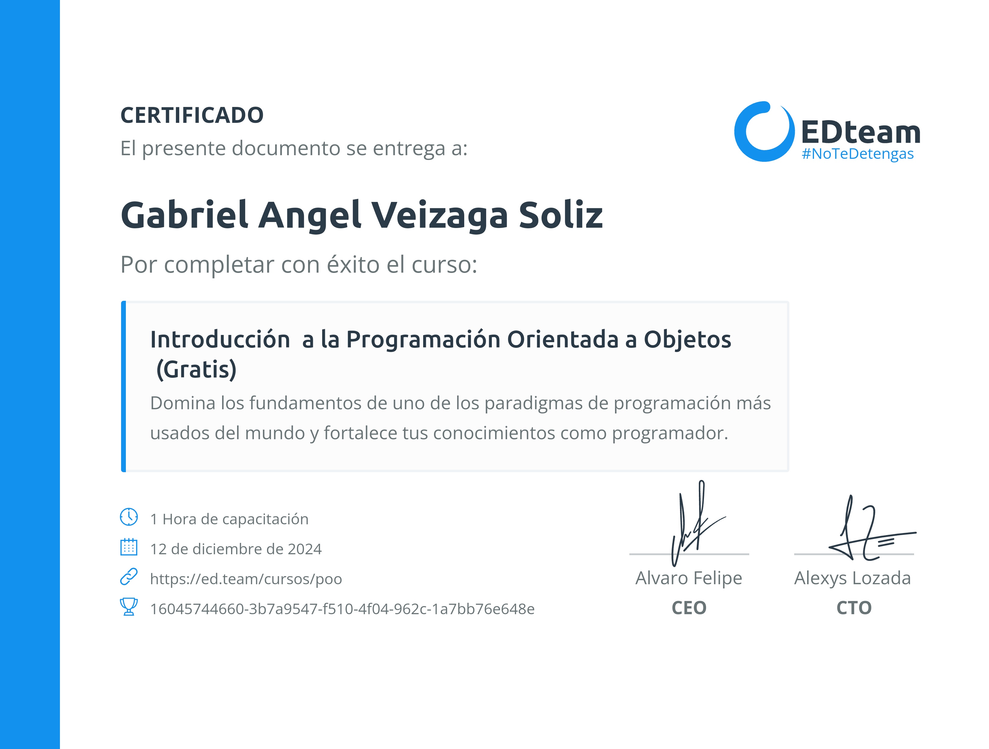 Certificado de Gabriel Angel Veizaga Soliz del curso Introducción a la Programación Orientada a Objetos (Gratis)