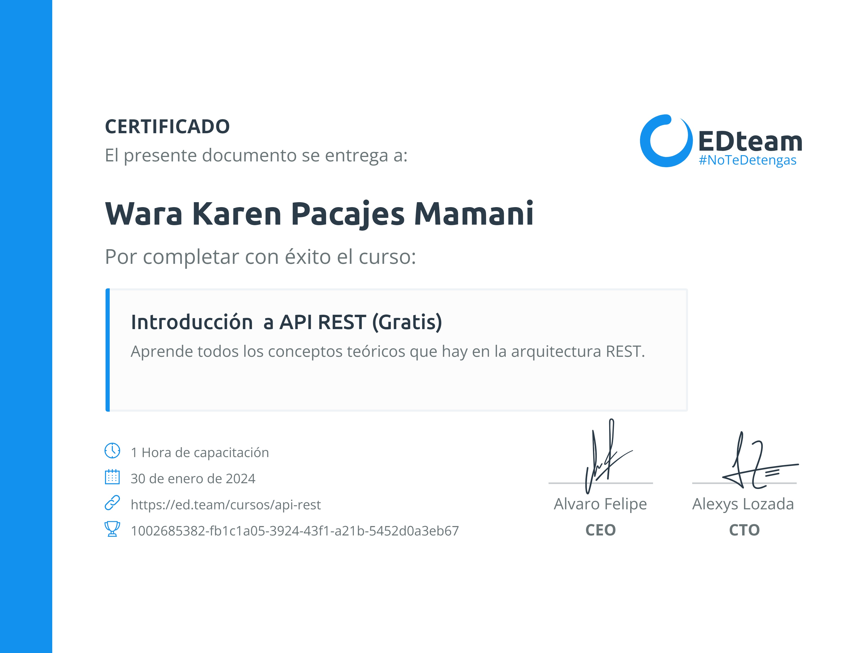 Certificado de Wara Karen Pacajes Mamani del curso Introducción a API REST (Gratis)