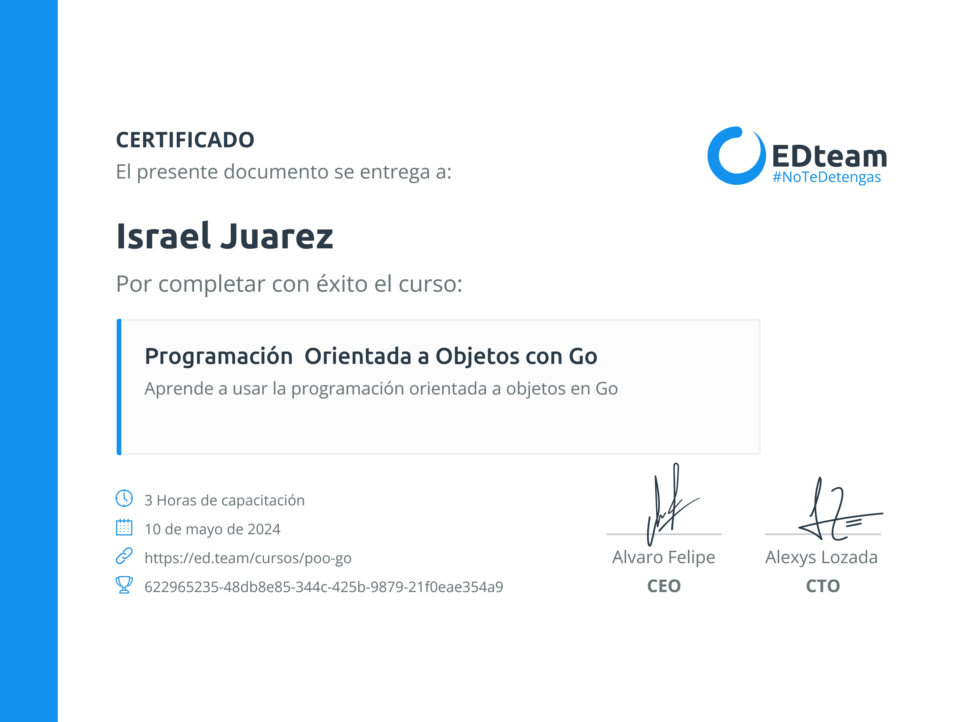 Certificado de Israel Juarez del curso Programación Orientada a Objetos con Go