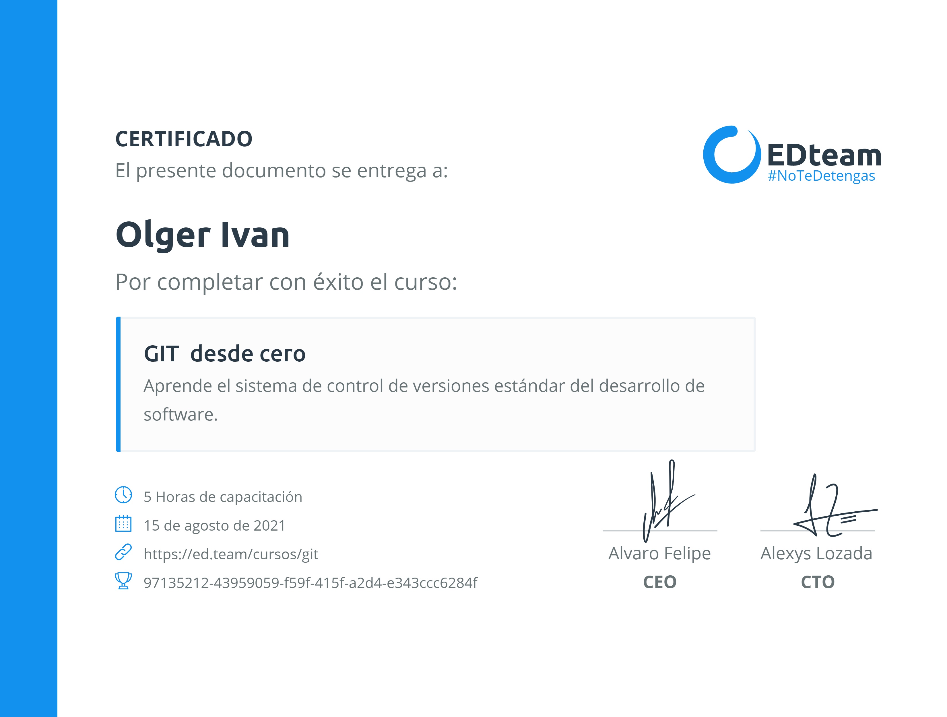 Certificado de Olger Ivan del curso GIT desde cero