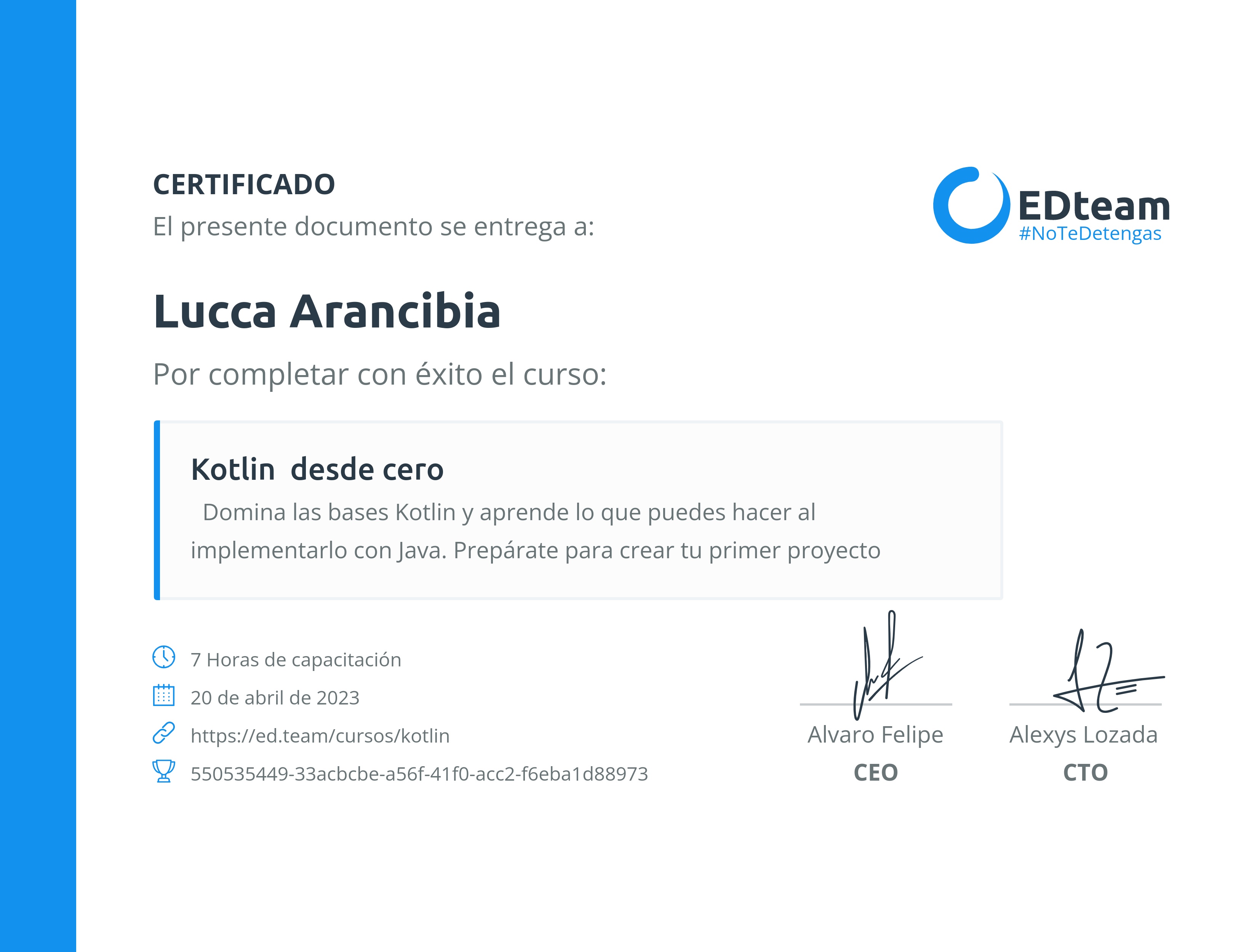 Certificado de Lucca Arancibia del curso Kotlin desde cero