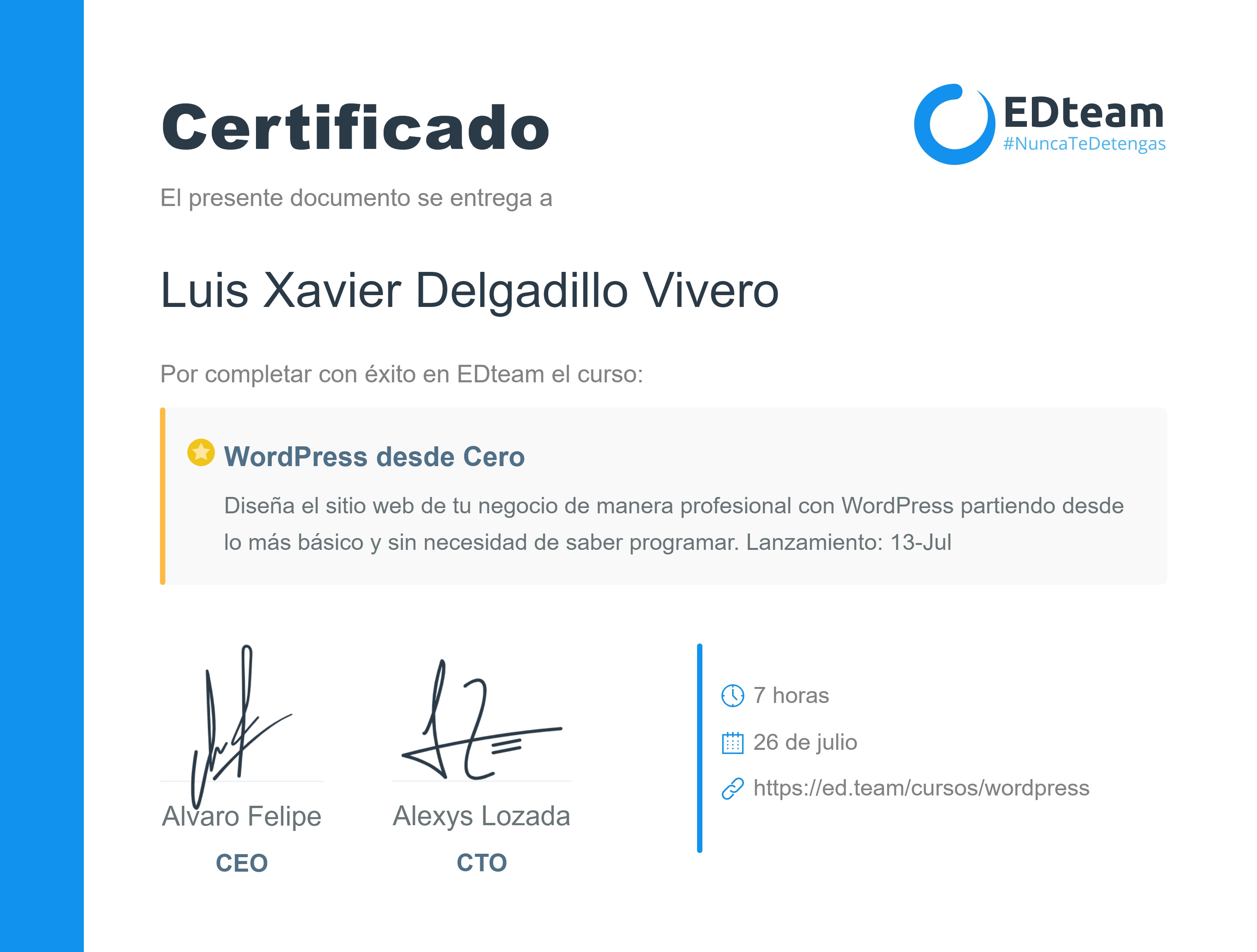 Certificado de Luis Xavier Delgadillo Vivero del curso WordPress desde Cero