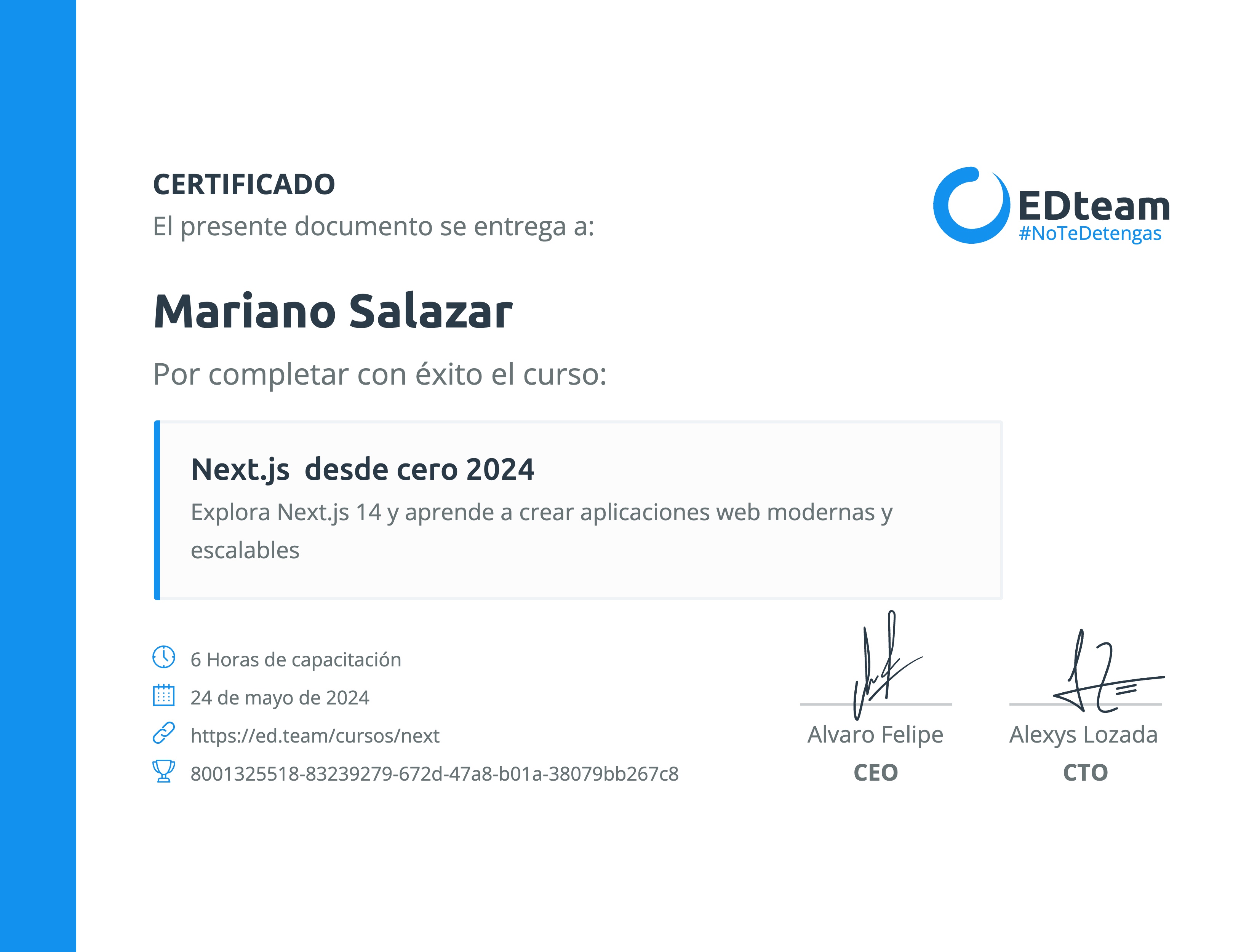 Certificado de Mariano Salazar del curso Next.js desde cero 2024