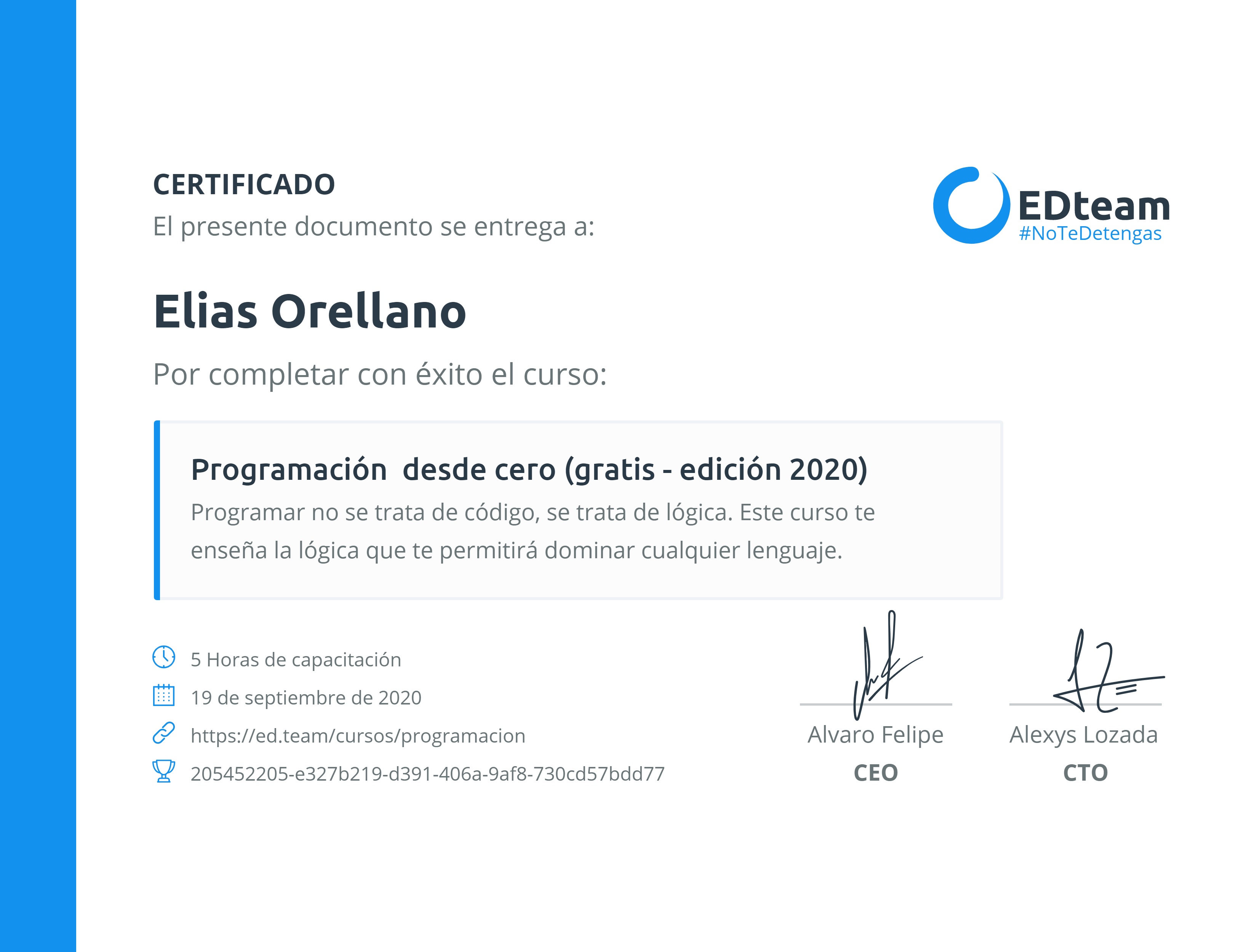 Certificado de Elias Orellano del curso Programación desde cero (2019)