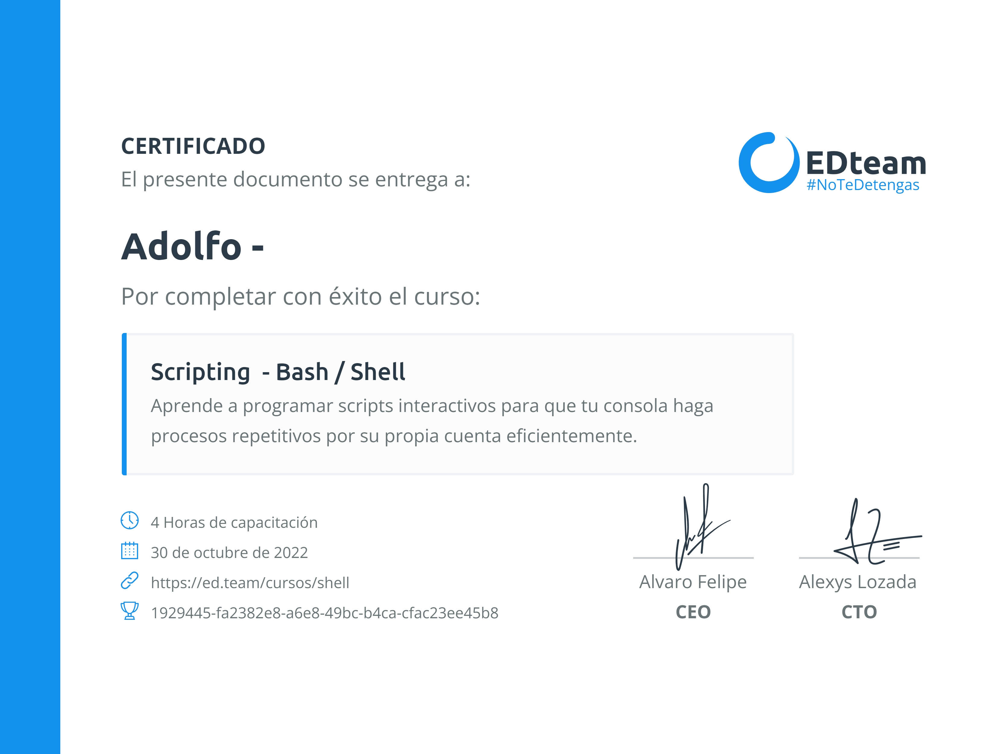 Certificado de Adolfo - del curso Scripting - Bash / Shell | EDteam