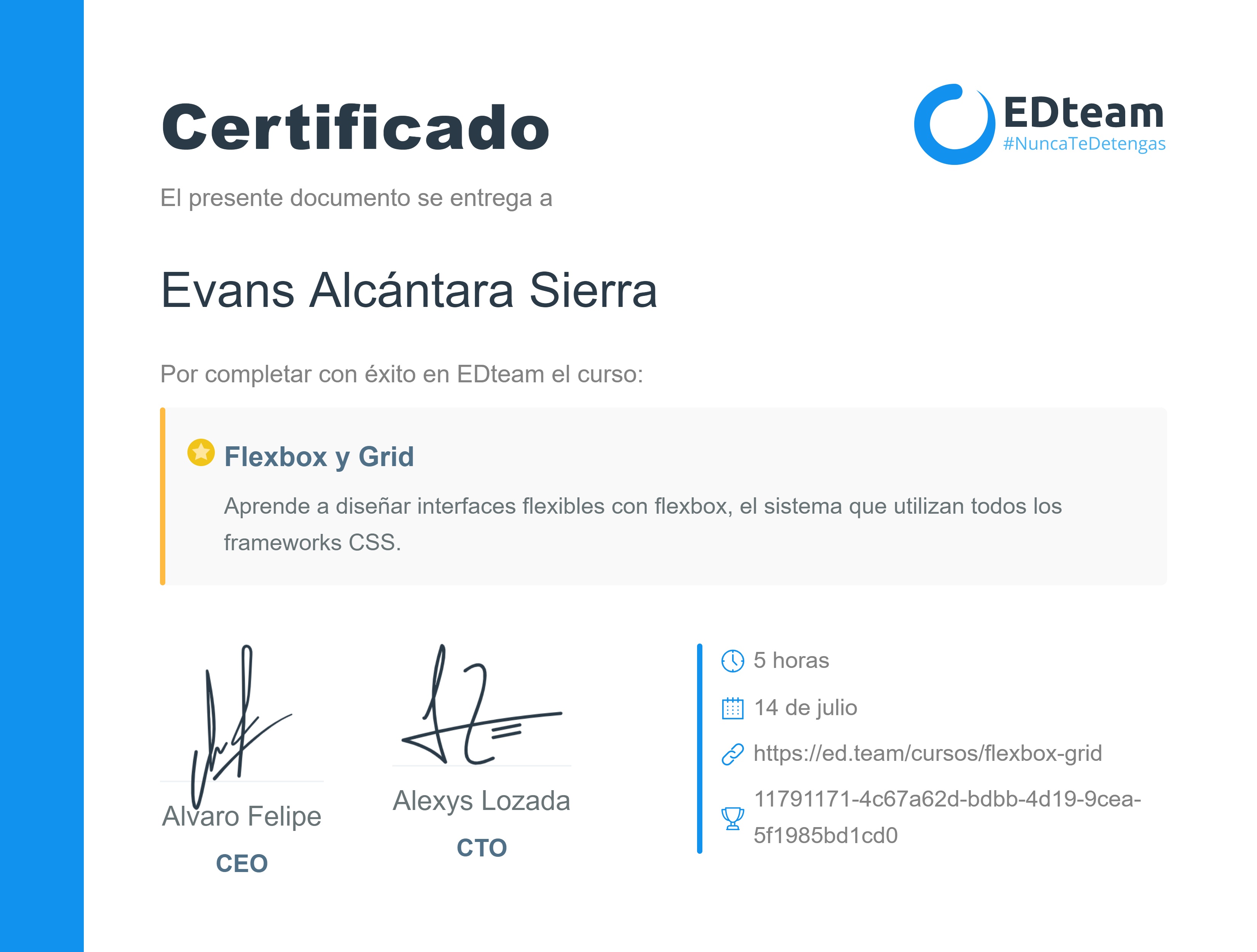 Certificado de Evans Alcántara del curso Flexbox y Grid