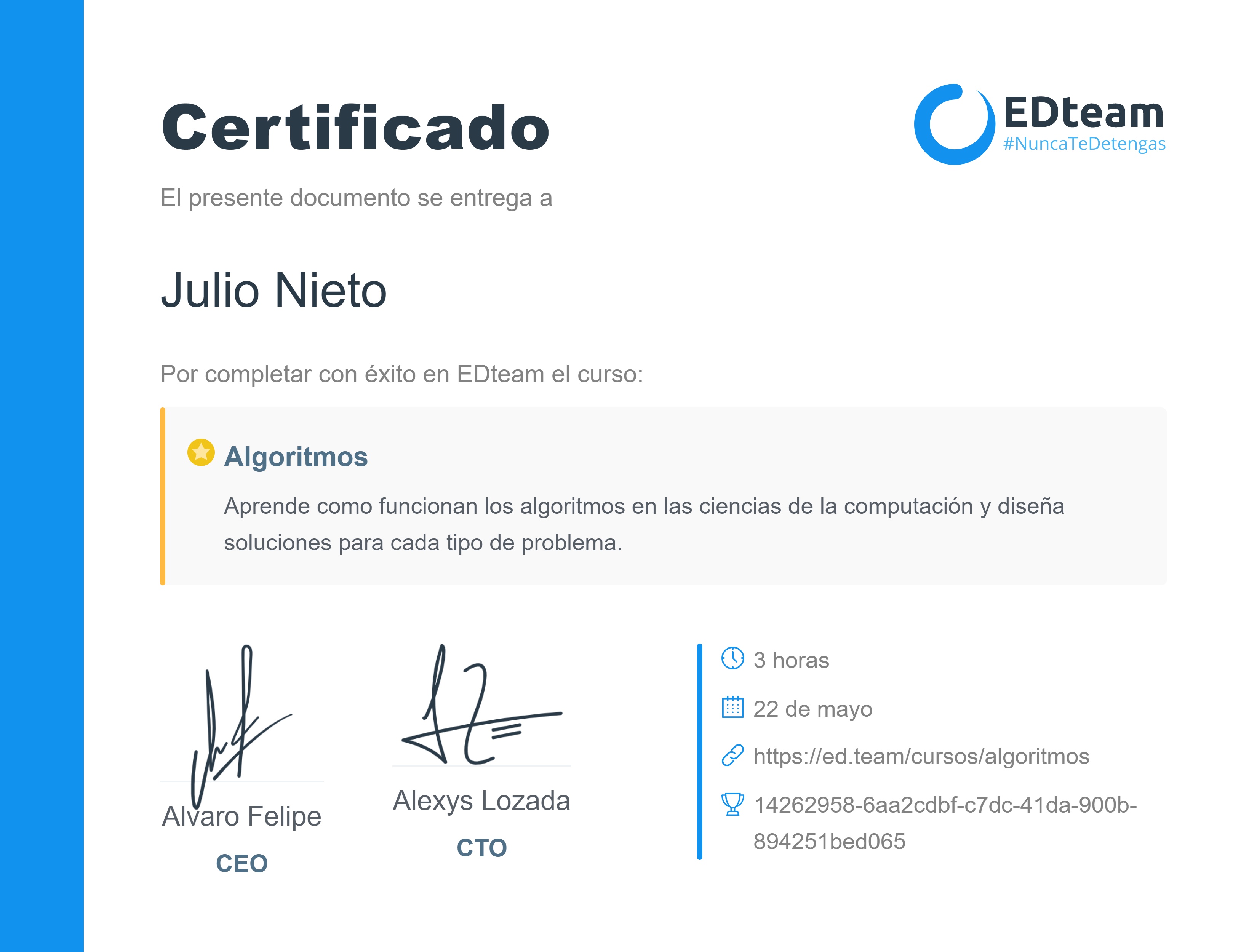 Certificado de Julio Nieto del curso Algoritmos (2018)