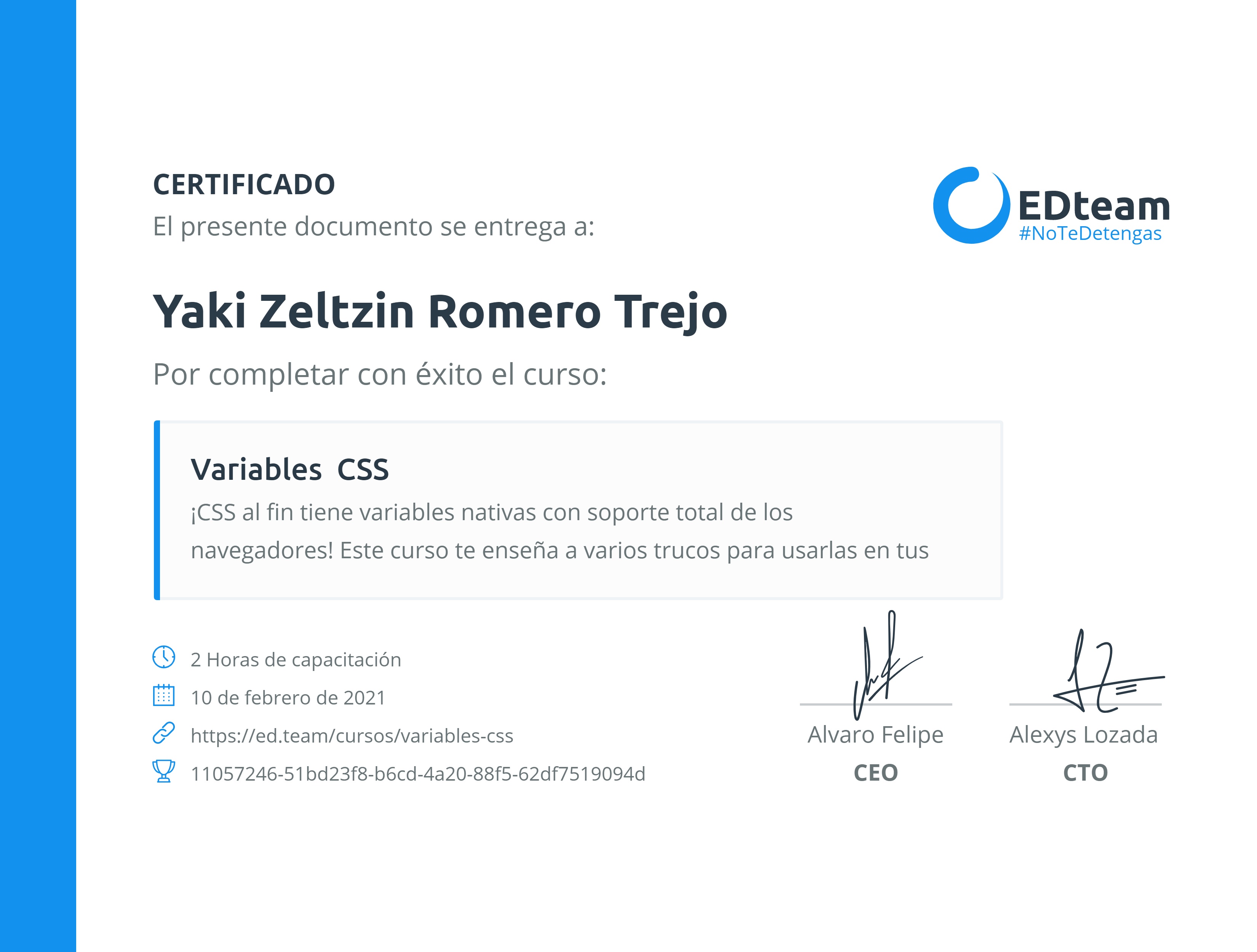Certificado de Yaki Romero del curso Variables CSS