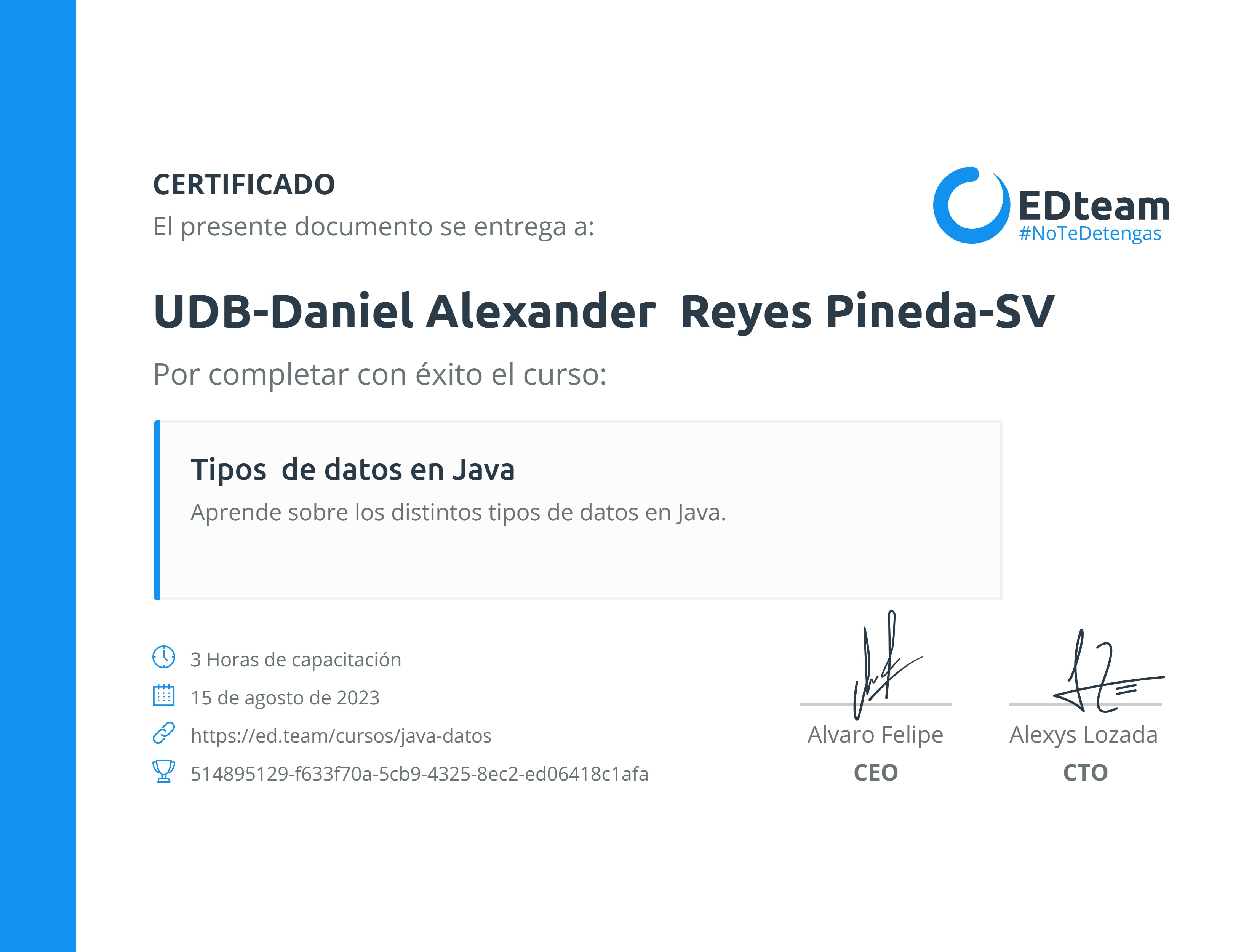 Certificado de UDB-Daniel Alexander Reyes Pineda-SV del curso Tipos de datos en Java