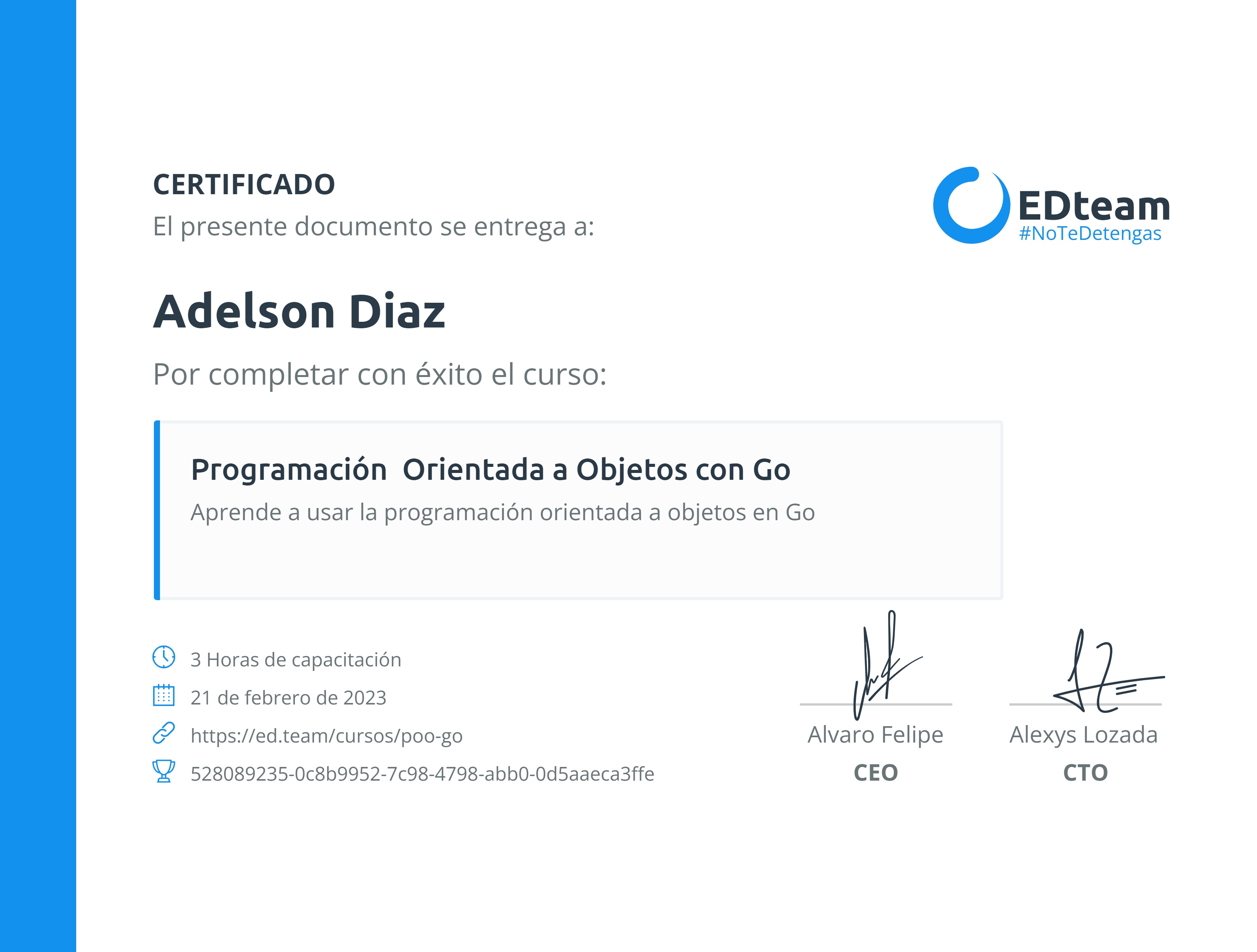 Certificado de Adelson Diaz del curso Programación Orientada a Objetos con Go