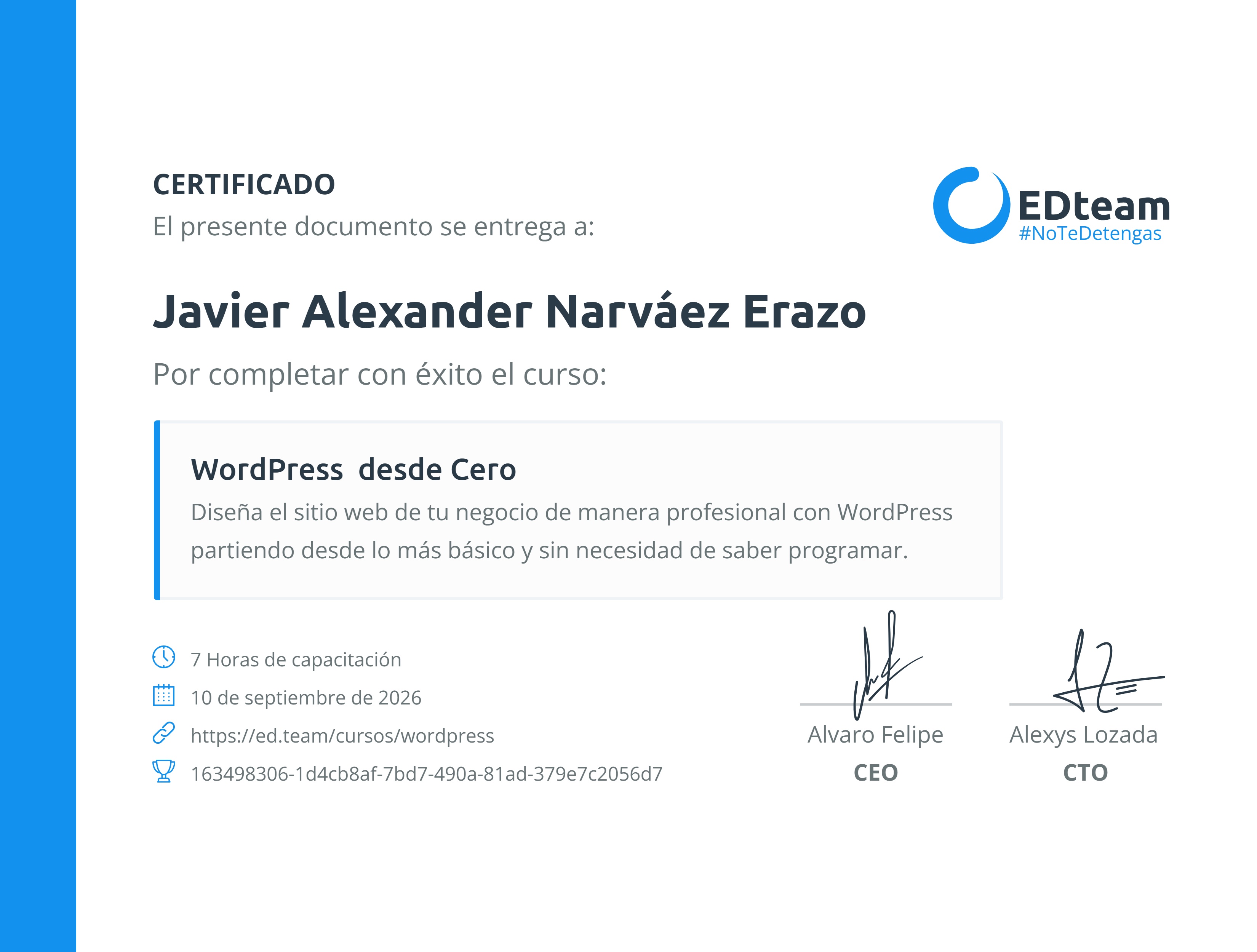 Certificado de Javier Alexander Narváez Erazo del curso WordPress desde Cero