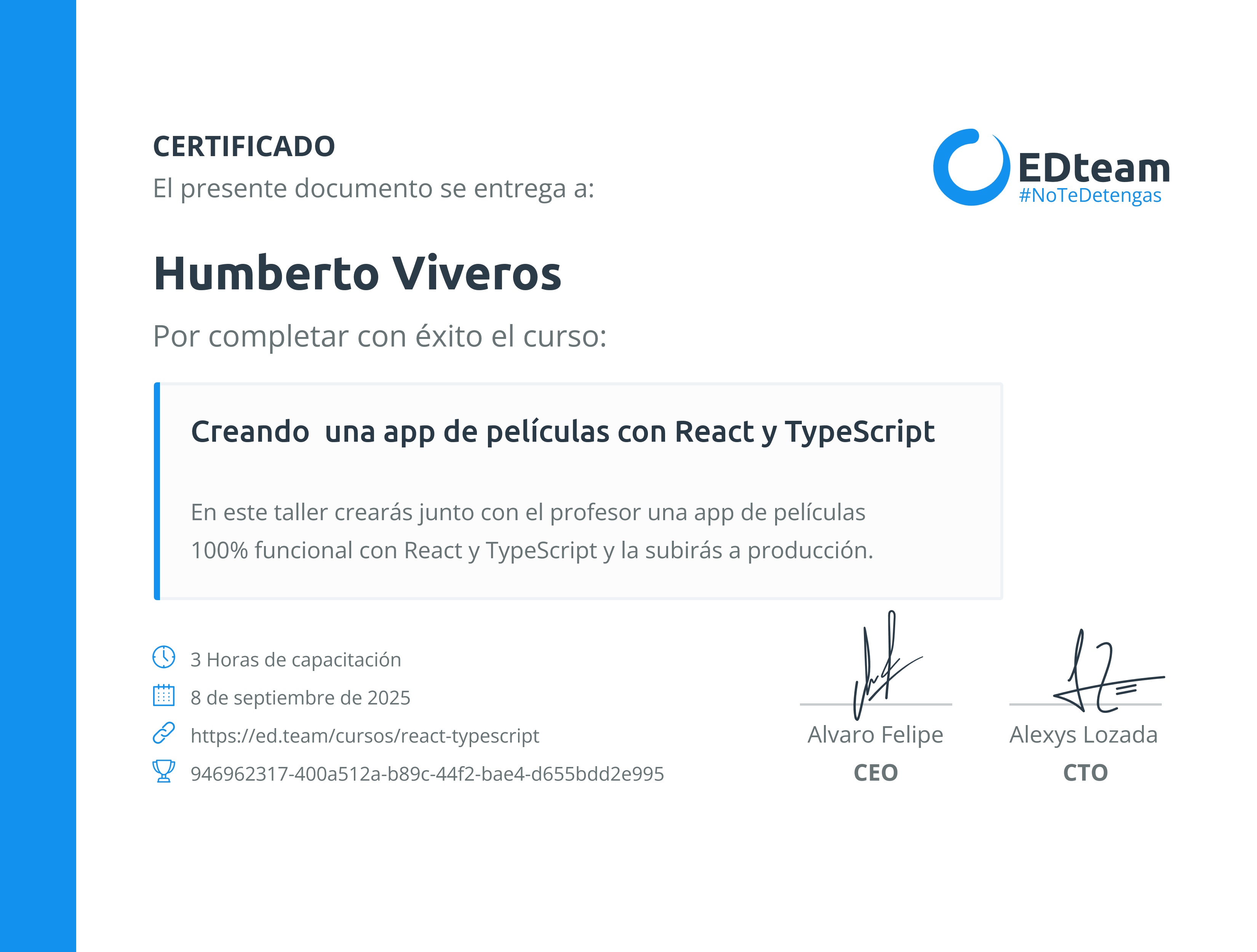 Certificado de H Viveros del curso Creando una app de películas con React y TypeScript