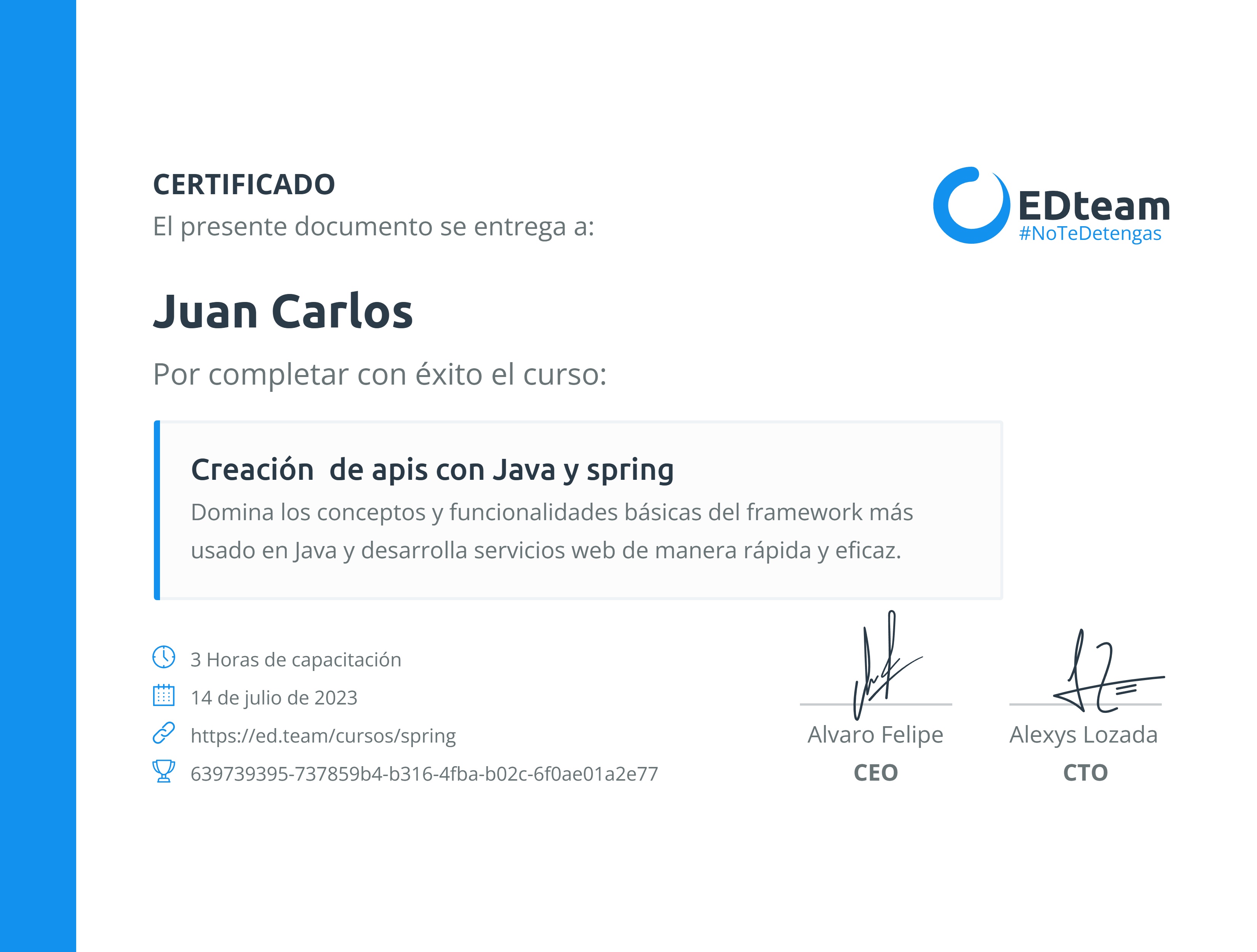 Certificado de Juan Carlos del curso Creación de apis con Java y spring