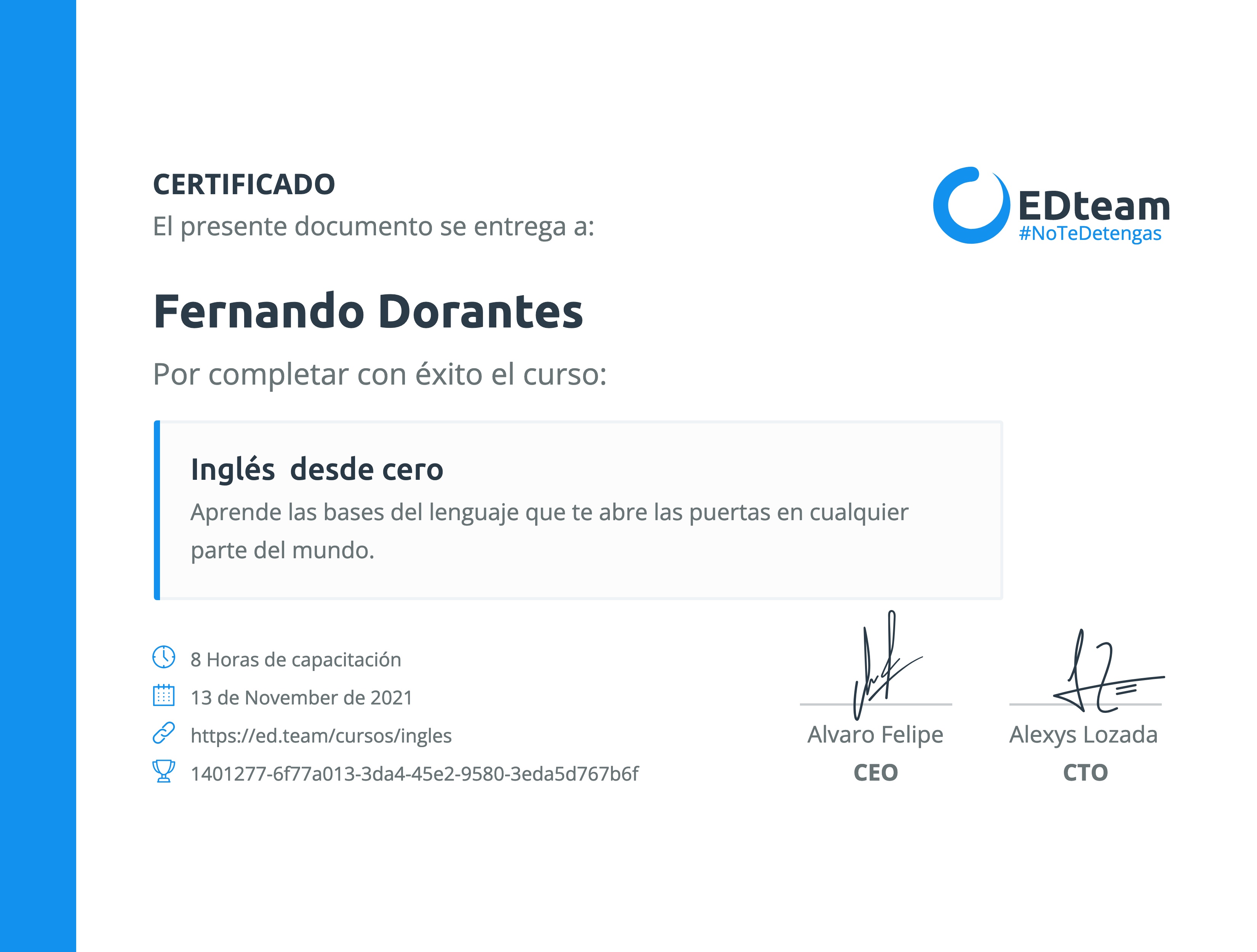 Certificado de Fernando Dorantes del curso Inglés desde cero