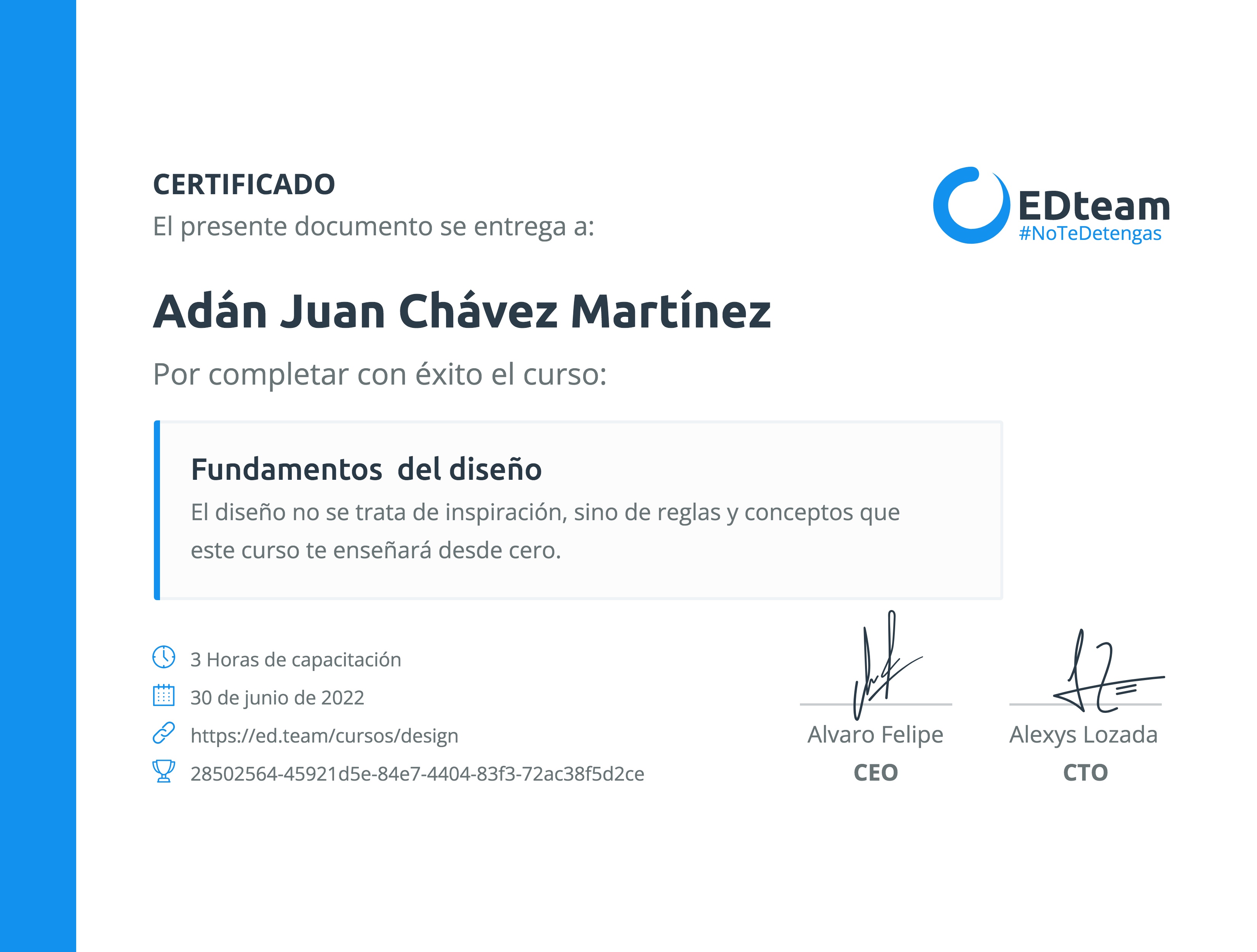 Certificado de Adán Juan Chávez Martínez del curso Fundamentos del diseño
