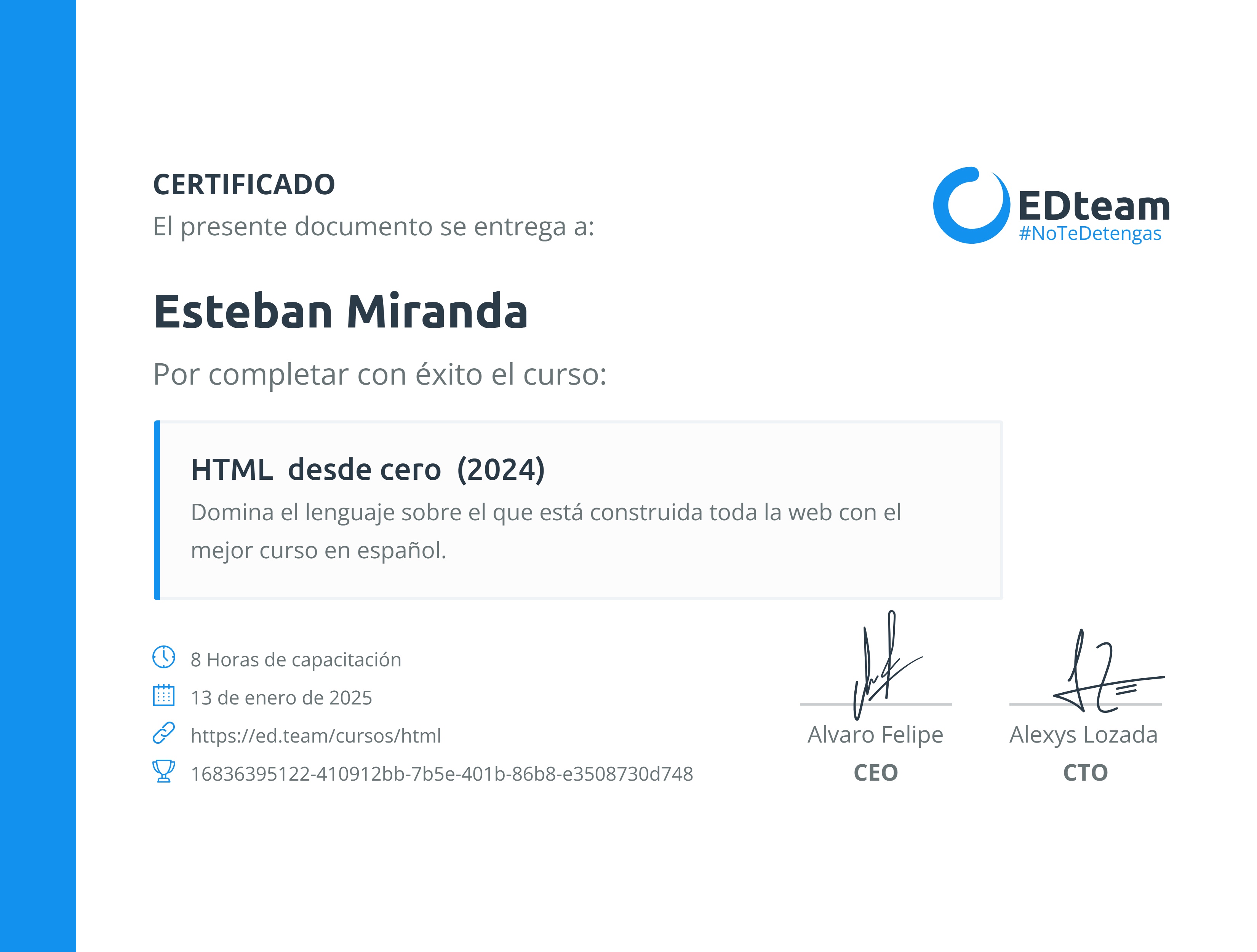 Certificado de Esteban Miranda del curso HTML desde cero (2024)