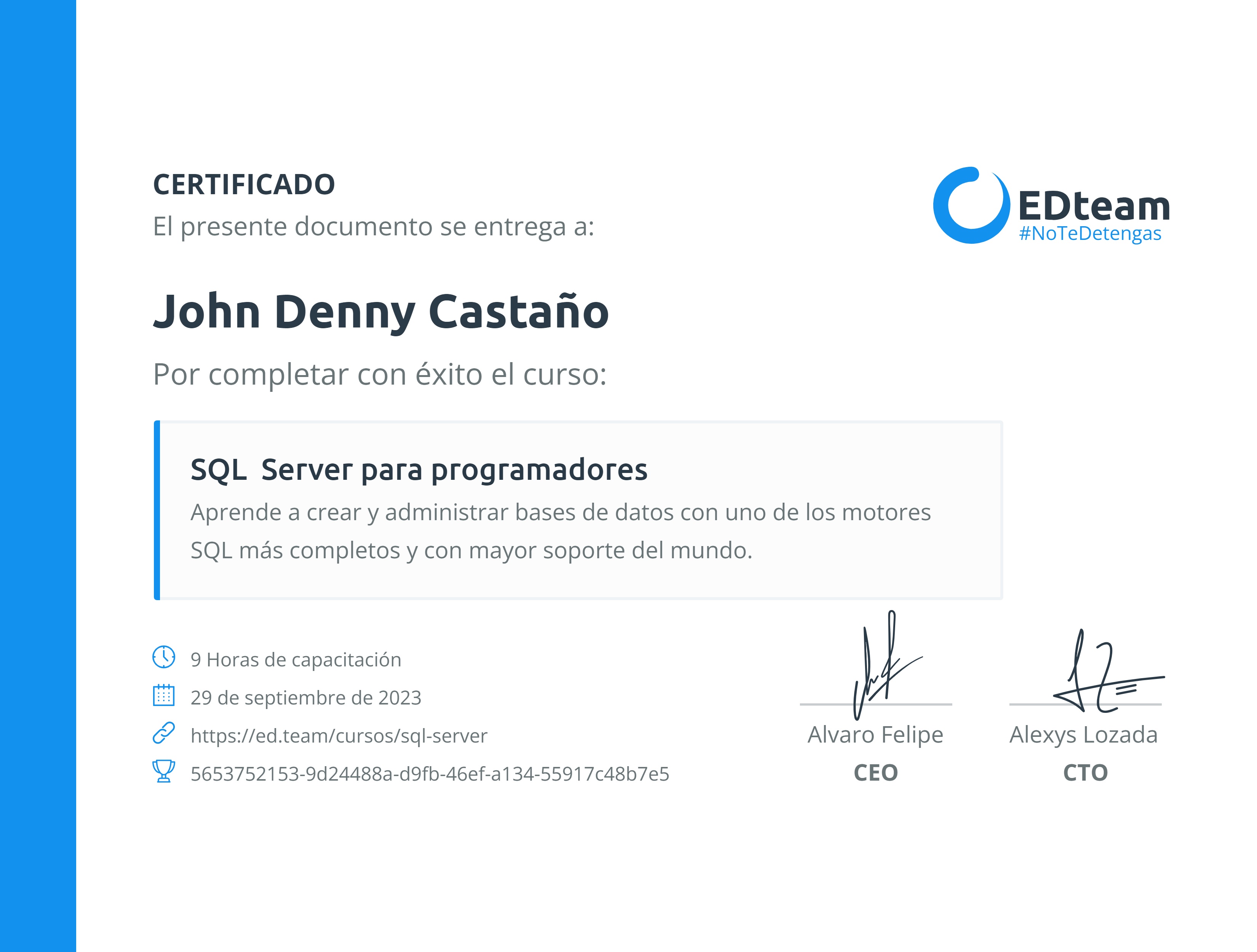 Certificado de John Denny Castaño del curso SQL Server para programadores