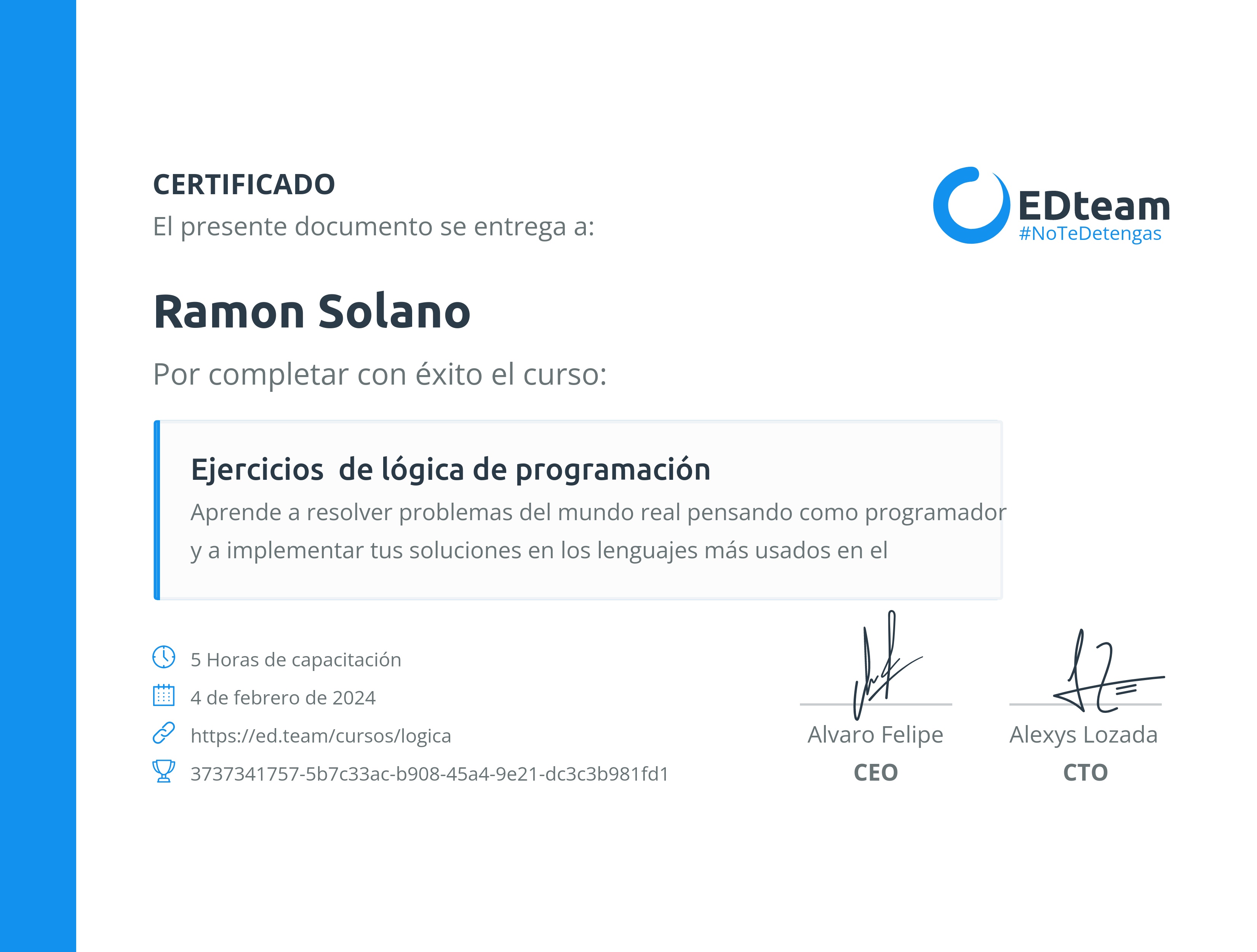 Certificado de Ramon Antonio Solano Mateo del curso Ejercicios de lógica de  programación | EDteam