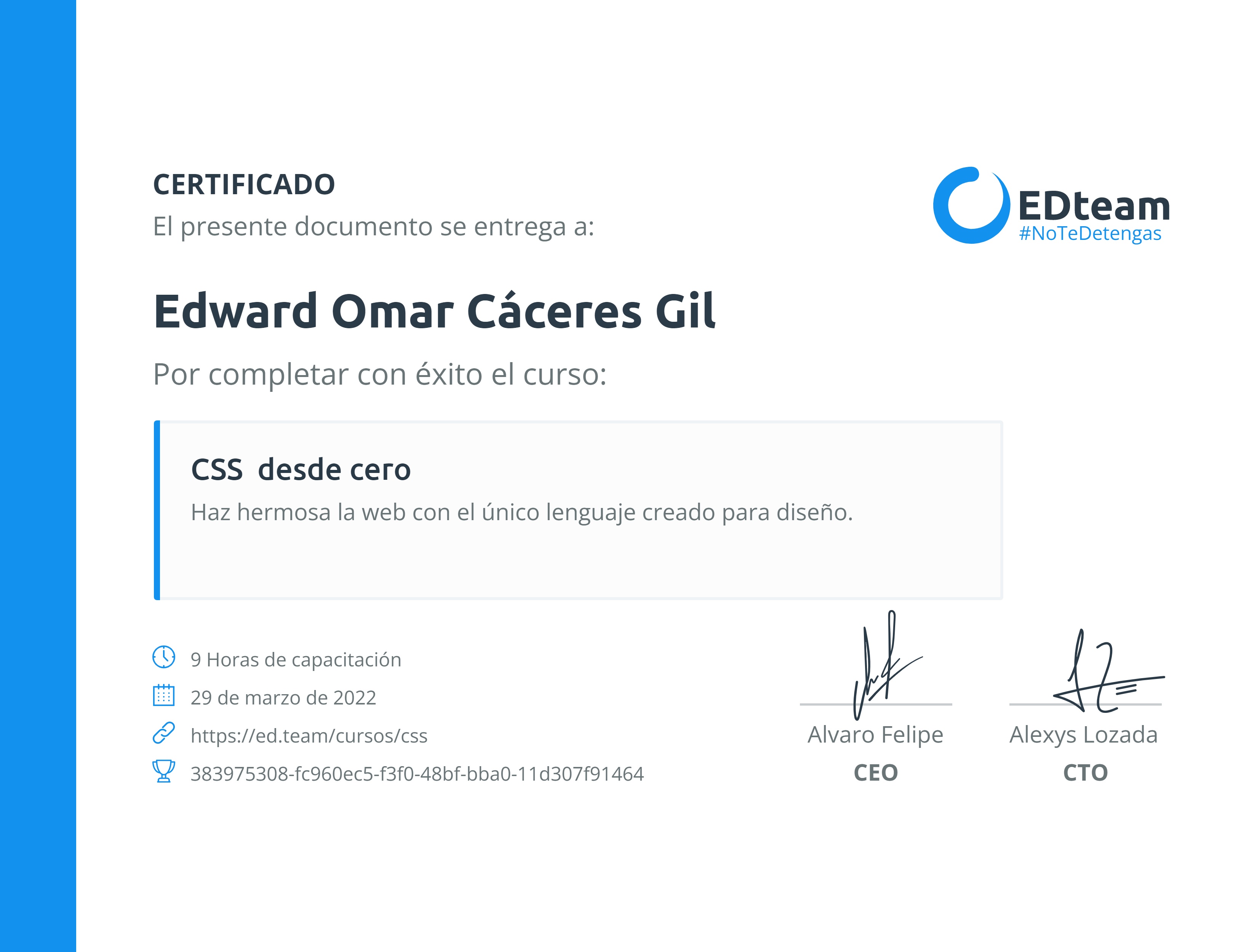 Certificado de Edward Omar Cáceres Gil del curso CSS desde cero (2020)