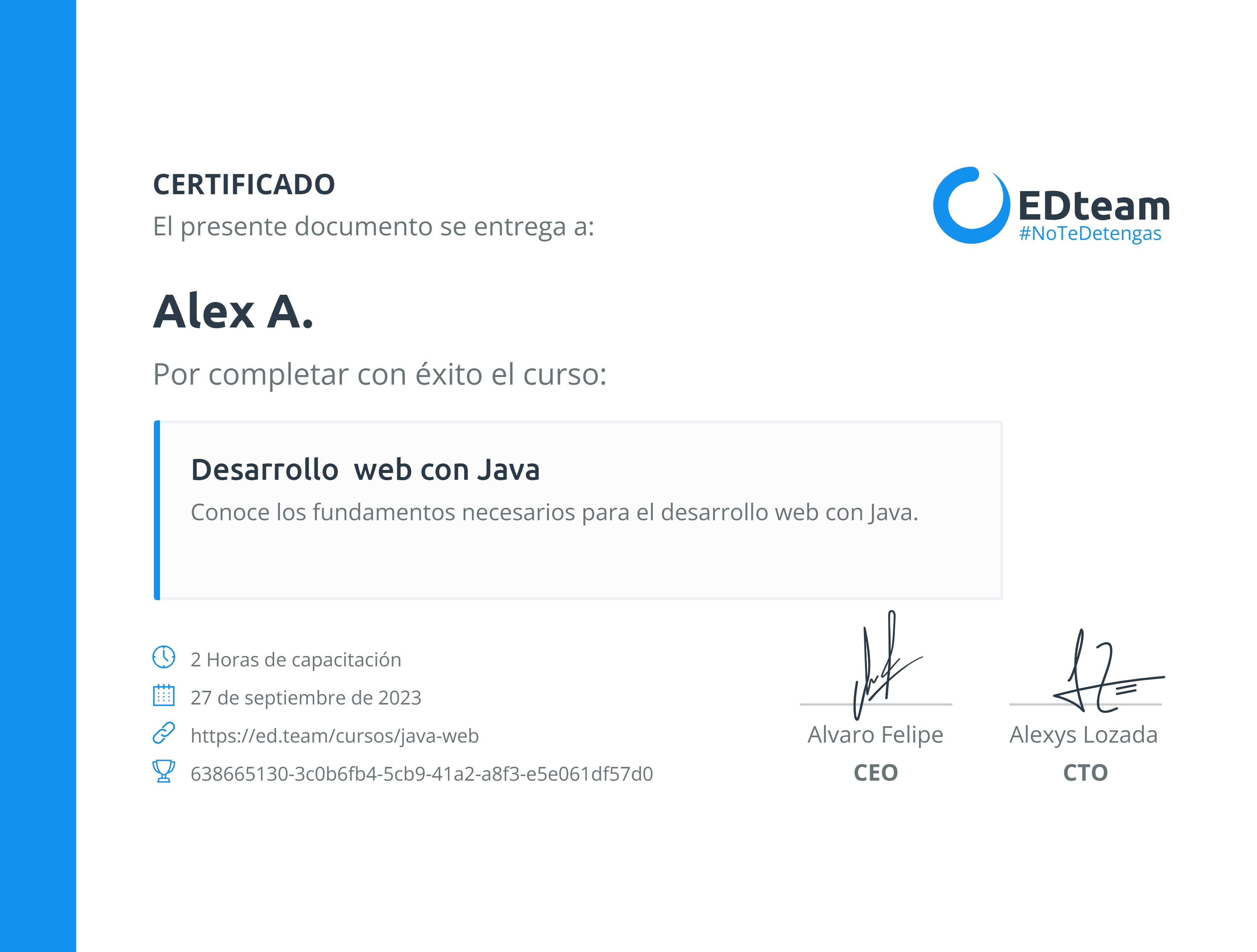 Certificado de Alex A. del curso Desarrollo web con Java