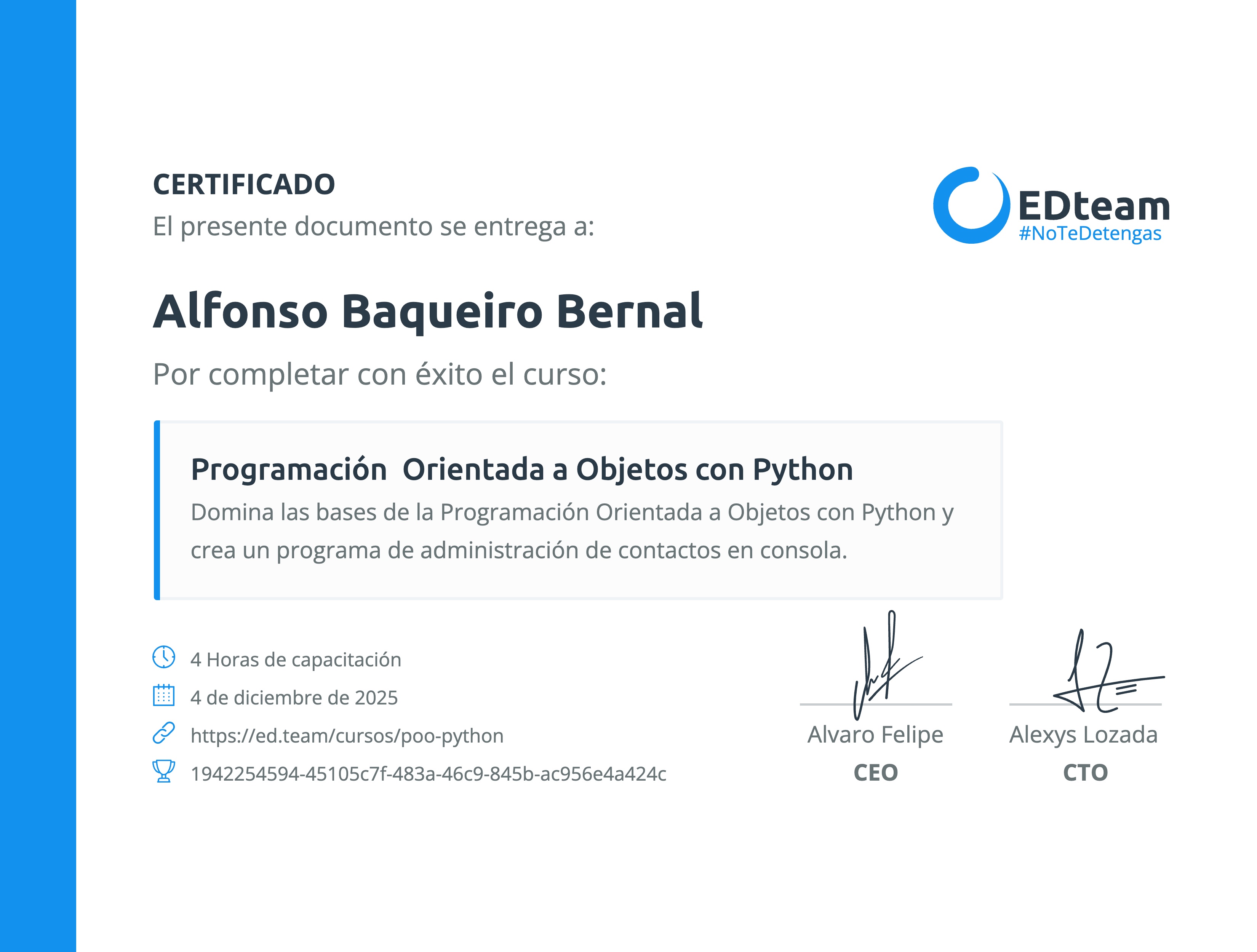 Certificado de Alfonso Baqueiro Bernal del curso Programación Orientada a Objetos con Python