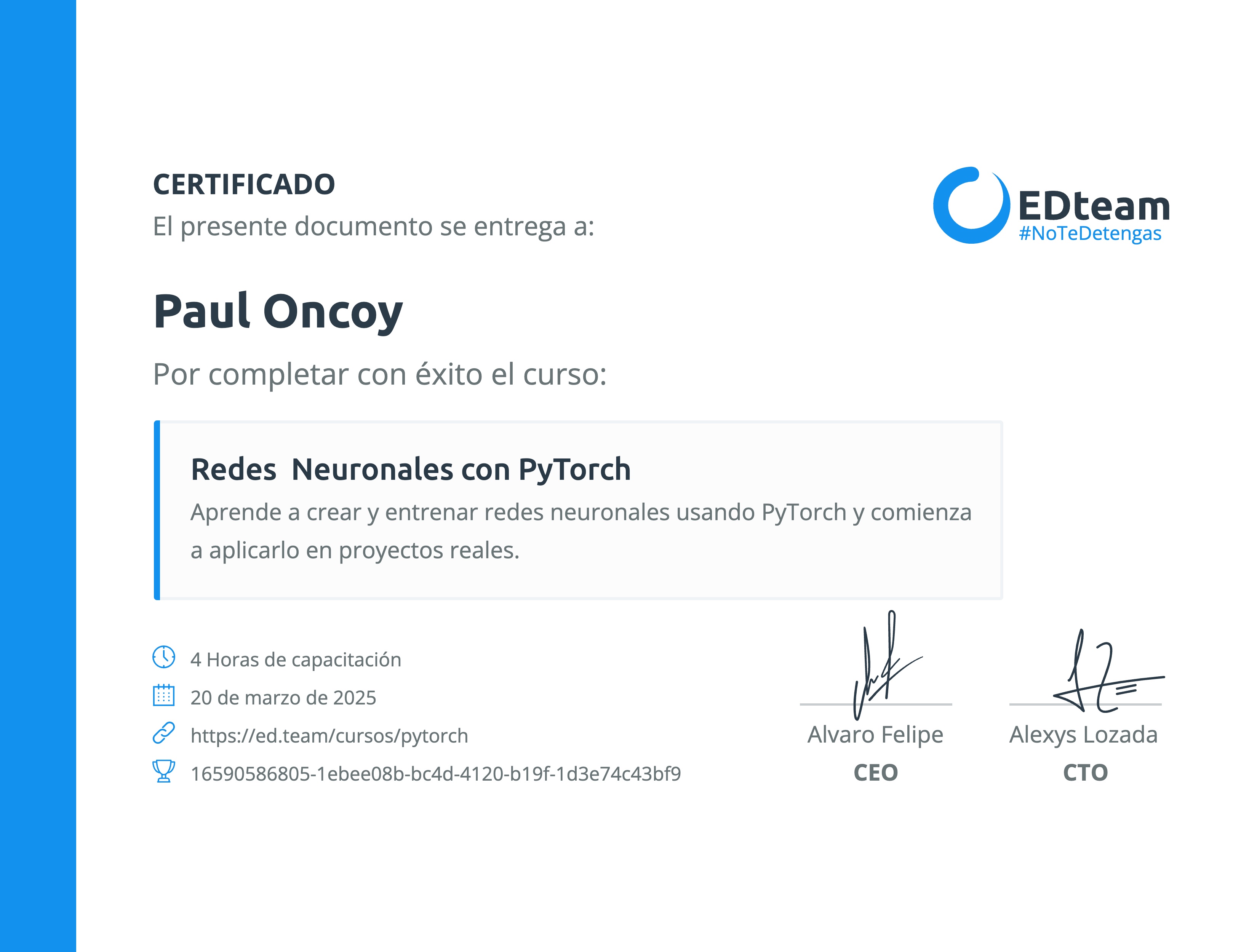 Certificado de Paul Oncoy del curso Redes Neuronales con PyTorch