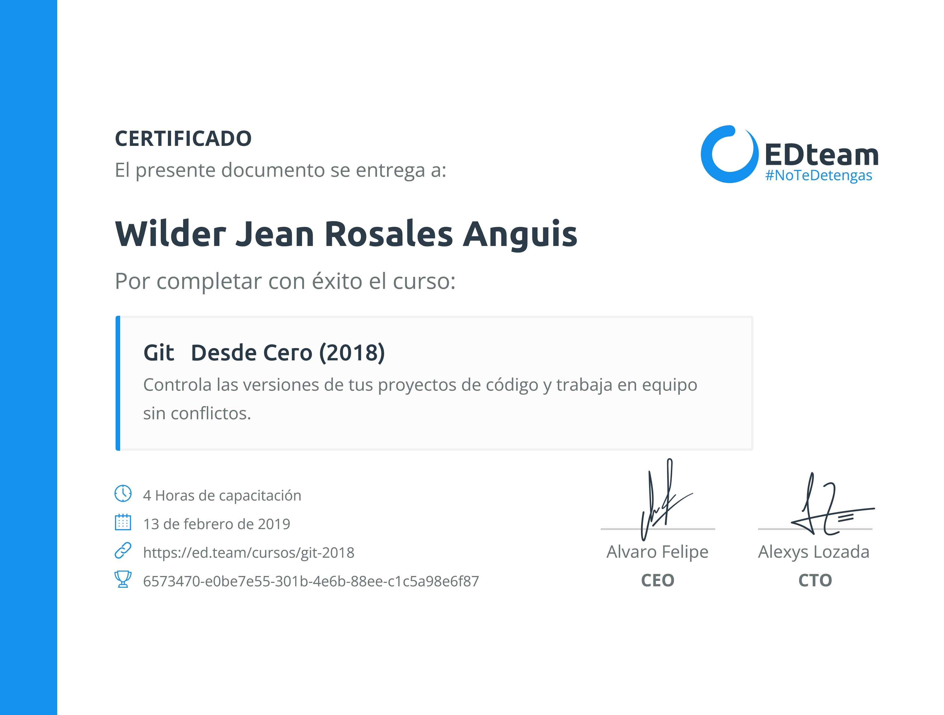 Certificado de Wilder Jean Rosales Anguis del curso Git Desde Cero (2018)
