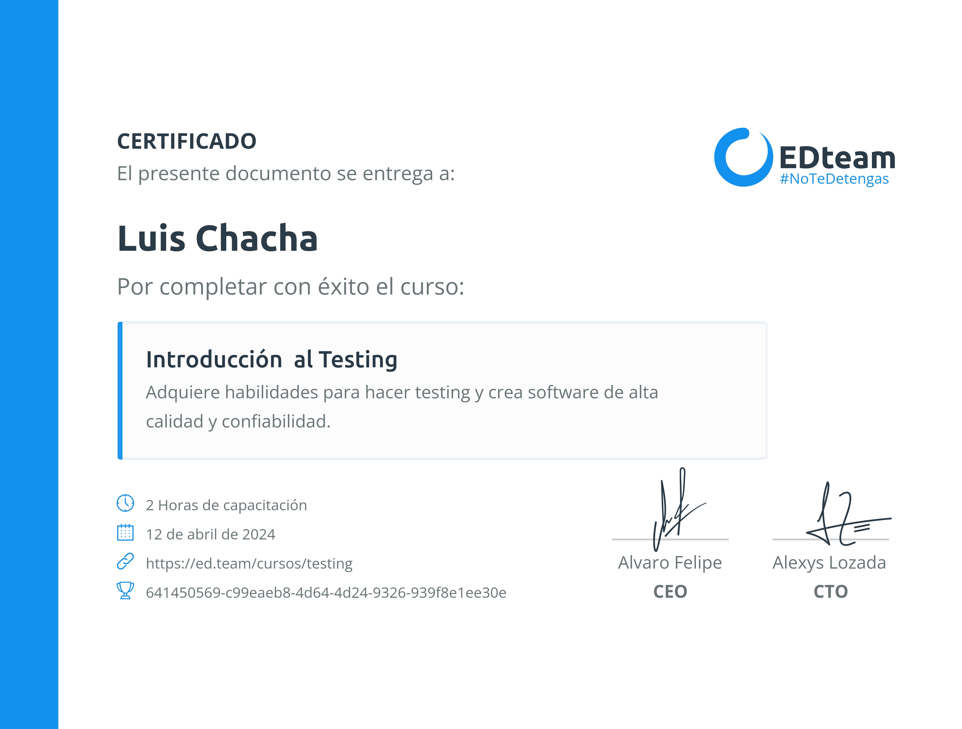 Certificado de Luis Chacha del curso Introducción al Testing