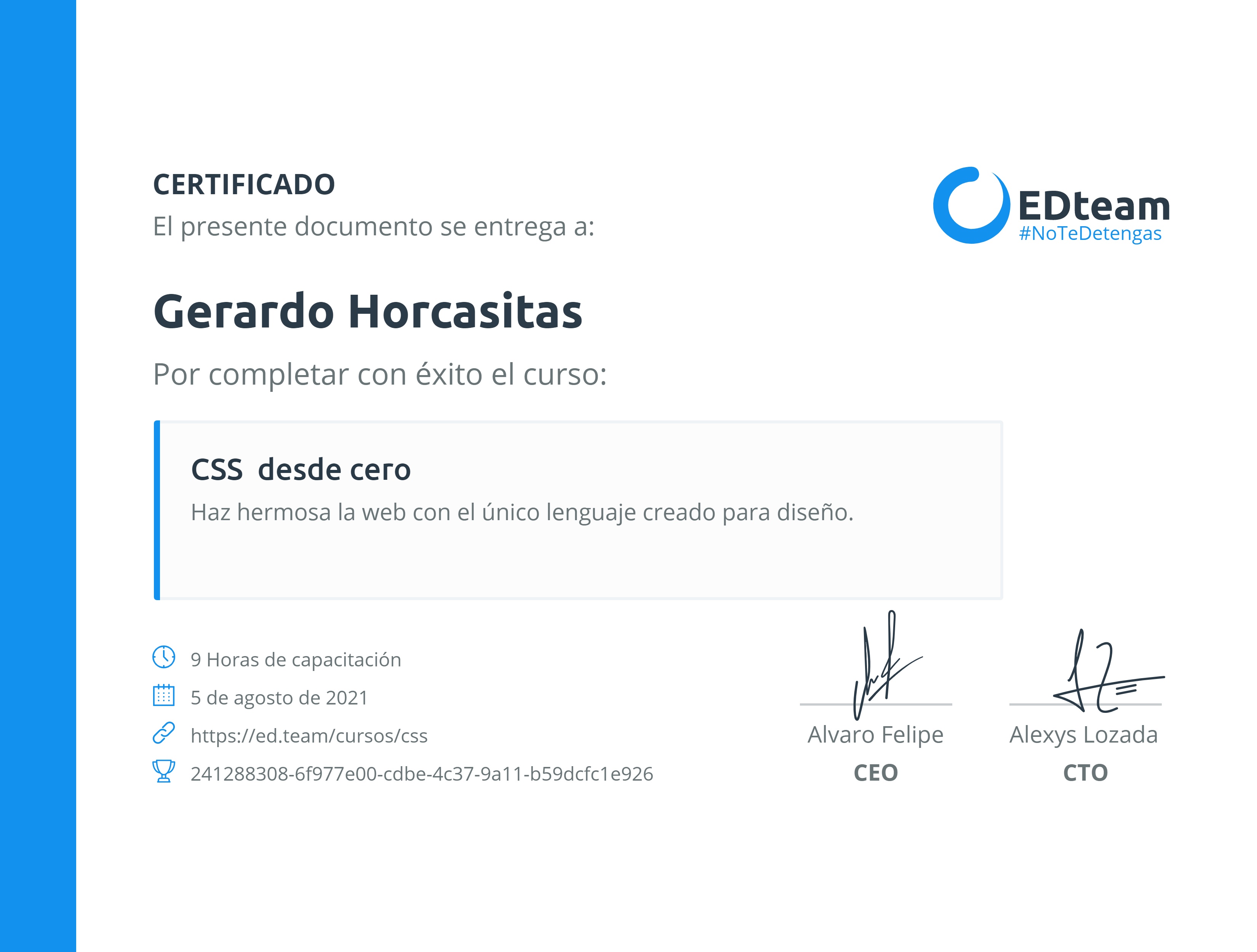 Certificado de Gerardo Horcasitas del curso CSS desde cero (2020)
