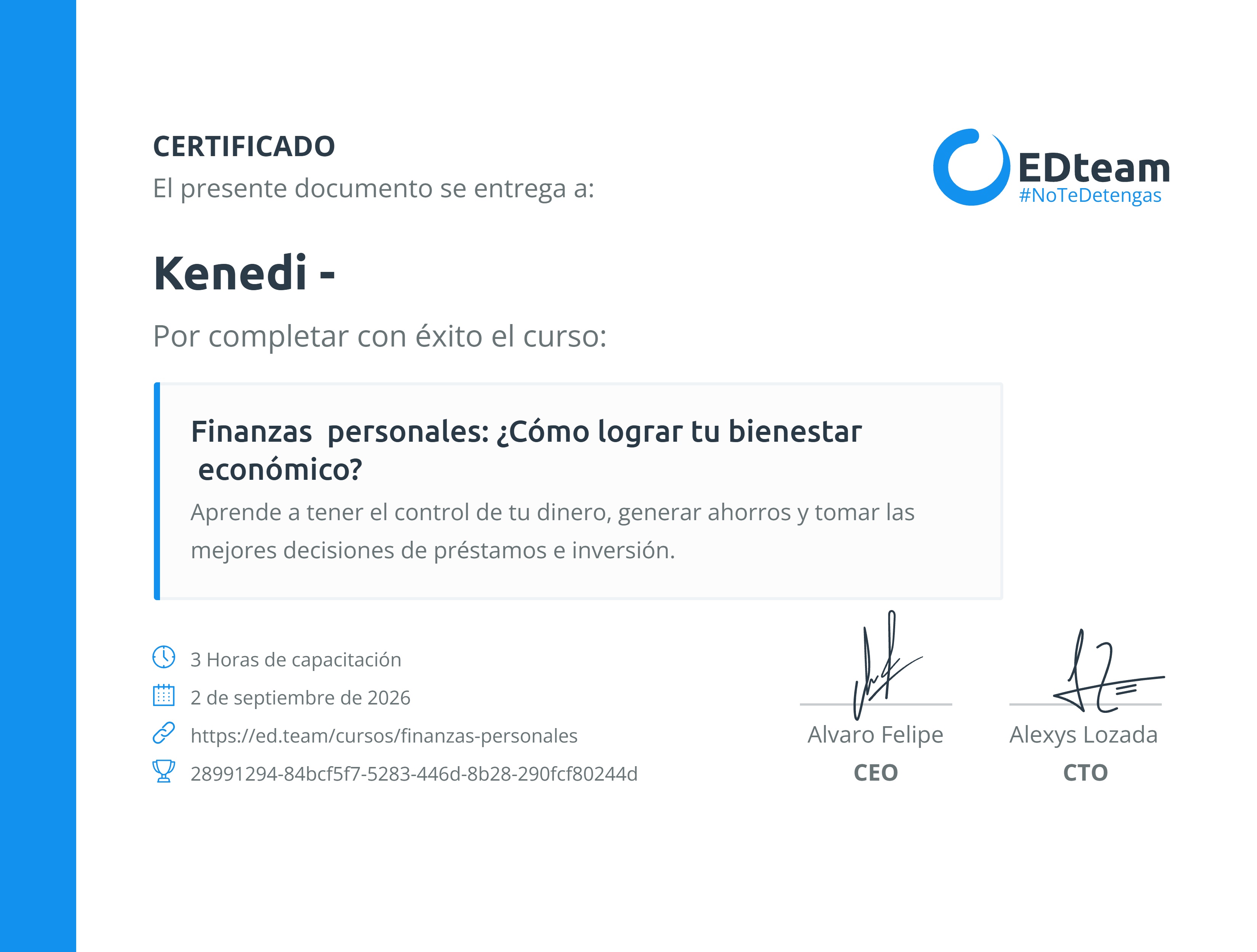 Certificado de Kenedi - del curso Finanzas personales: ¿Cómo lograr tu bienestar económico?