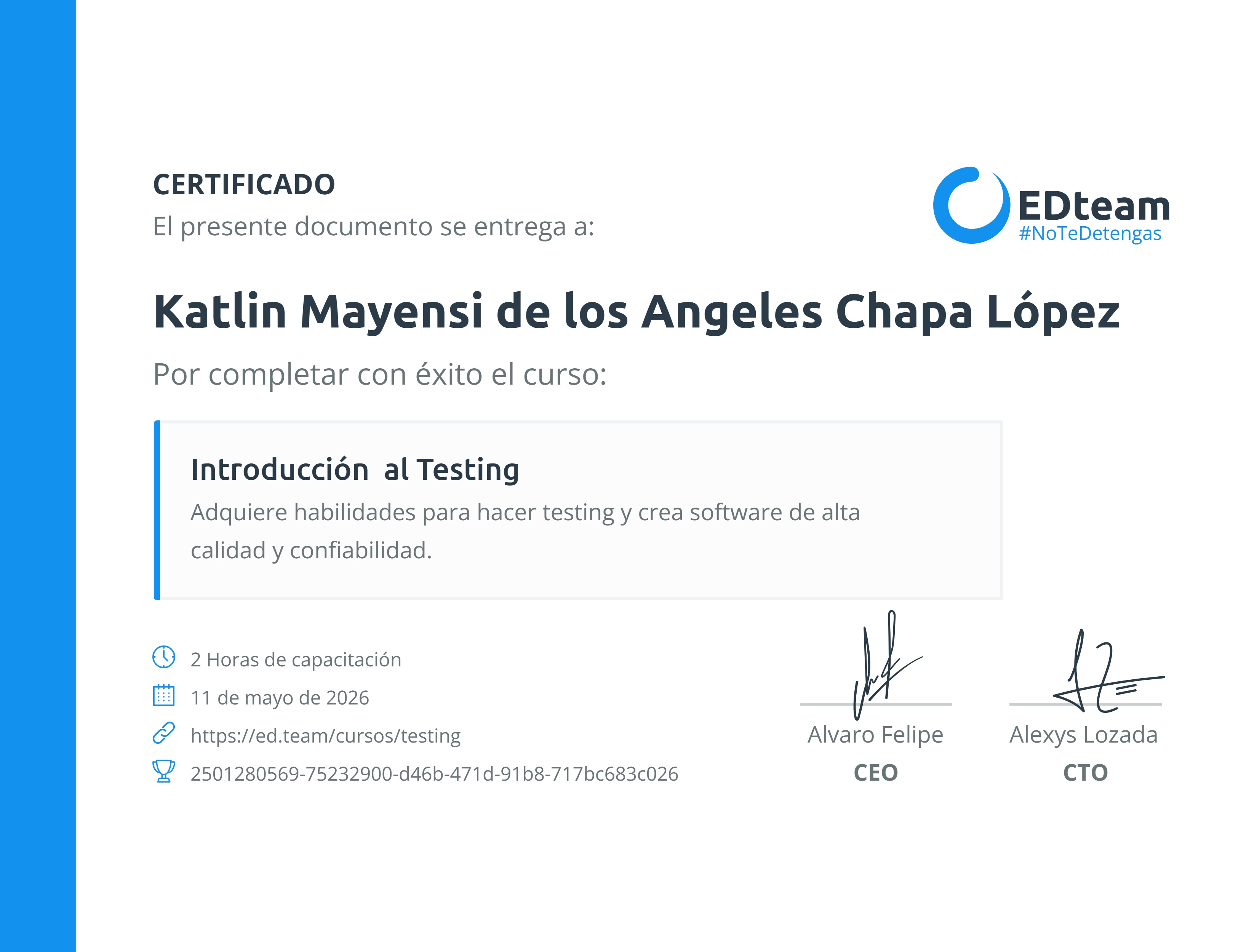 Certificado de Katlin Mayensi de los Angeles Chapa López del curso Introducción al Testing
