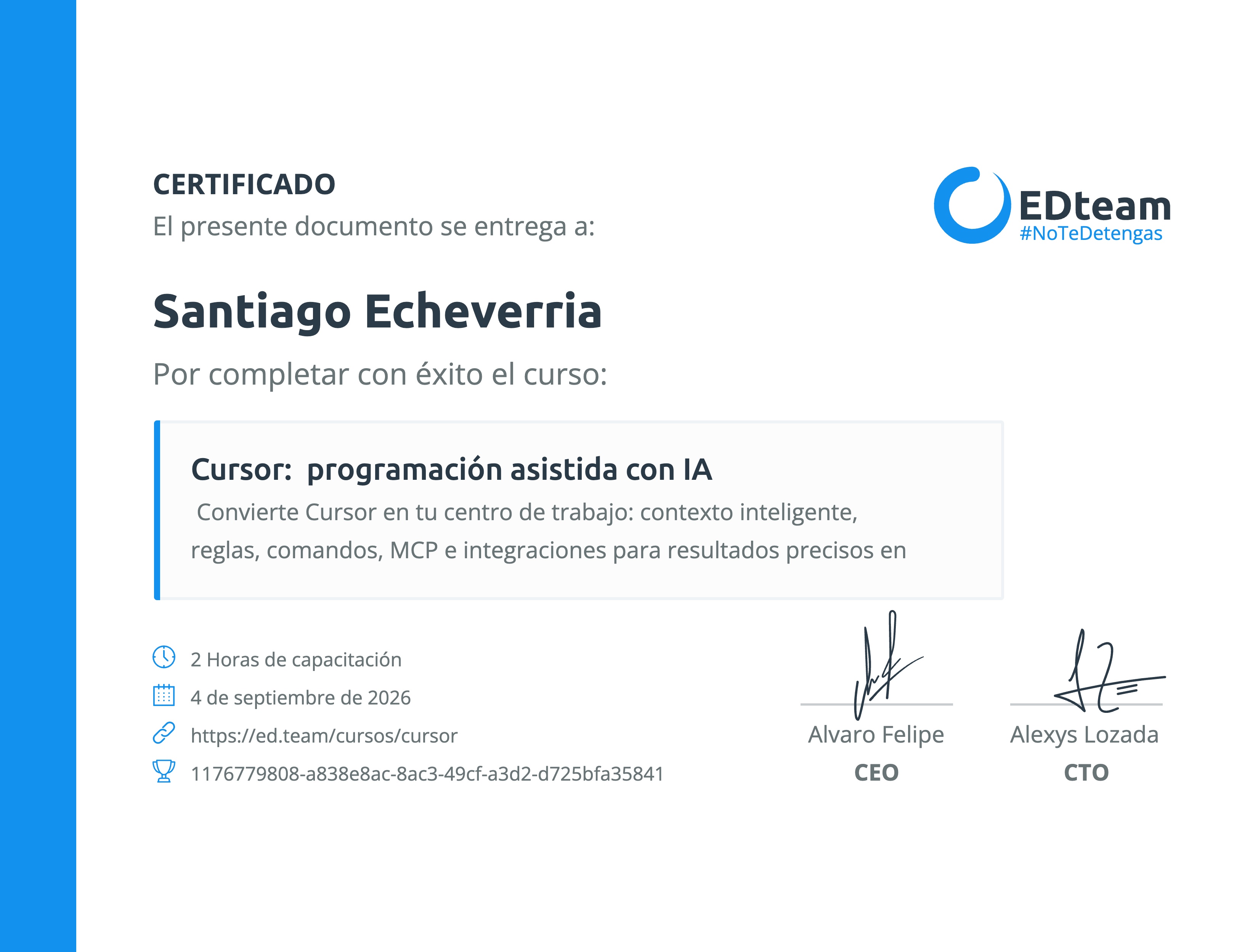 Certificado de Santiago Echeverria del curso Cursor: programación asistida con IA