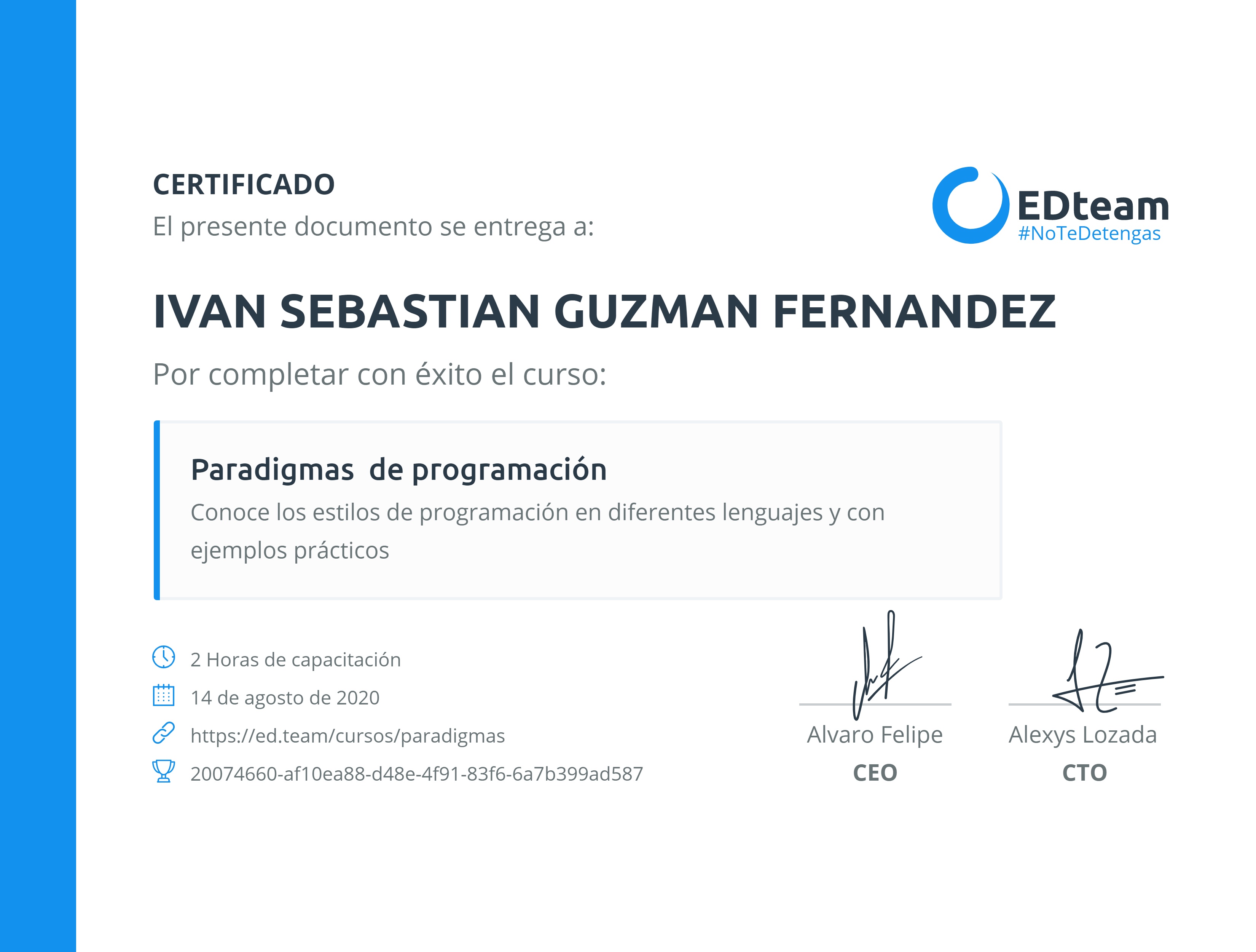 Certificado de IVAN SEBASTIAN GUZMAN FERNANDEZ del curso Paradigmas de programación