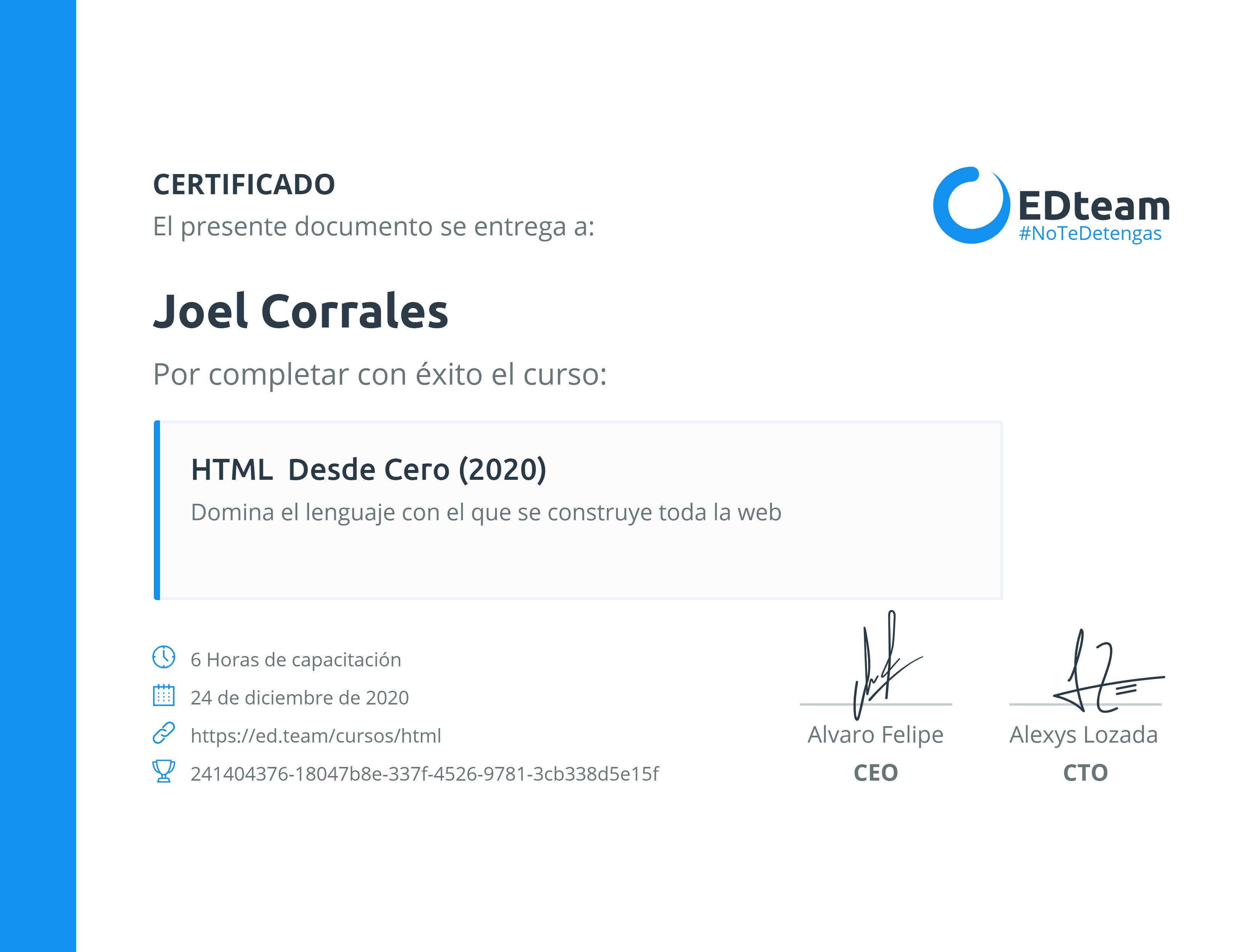 Certificado de Joel Corrales del curso HTML desde cero