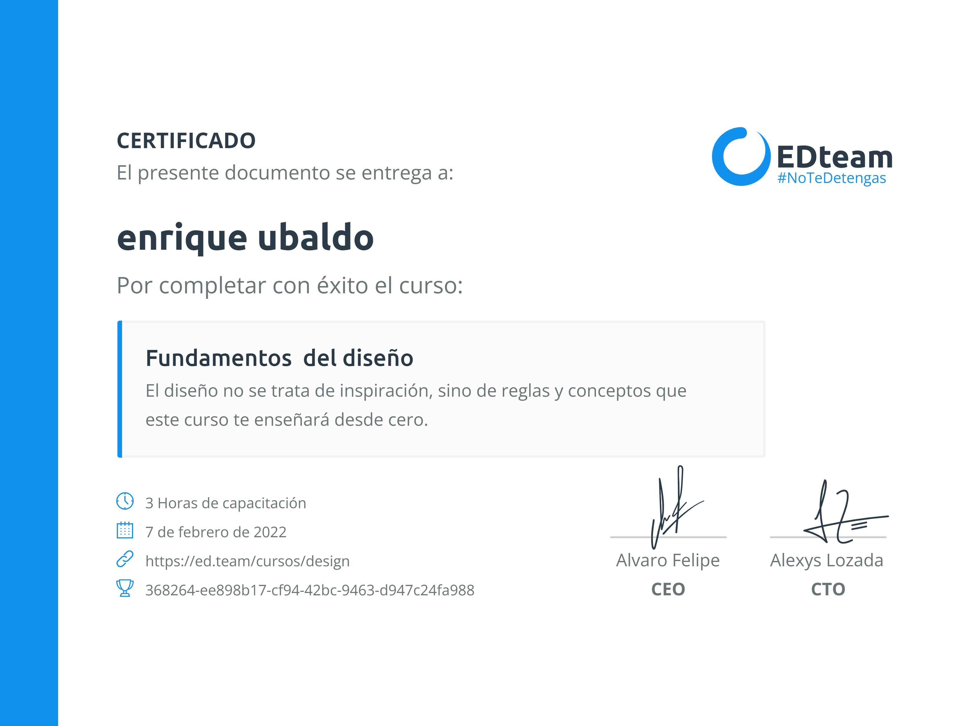 Certificado de enrique ubaldo del curso Fundamentos del diseño