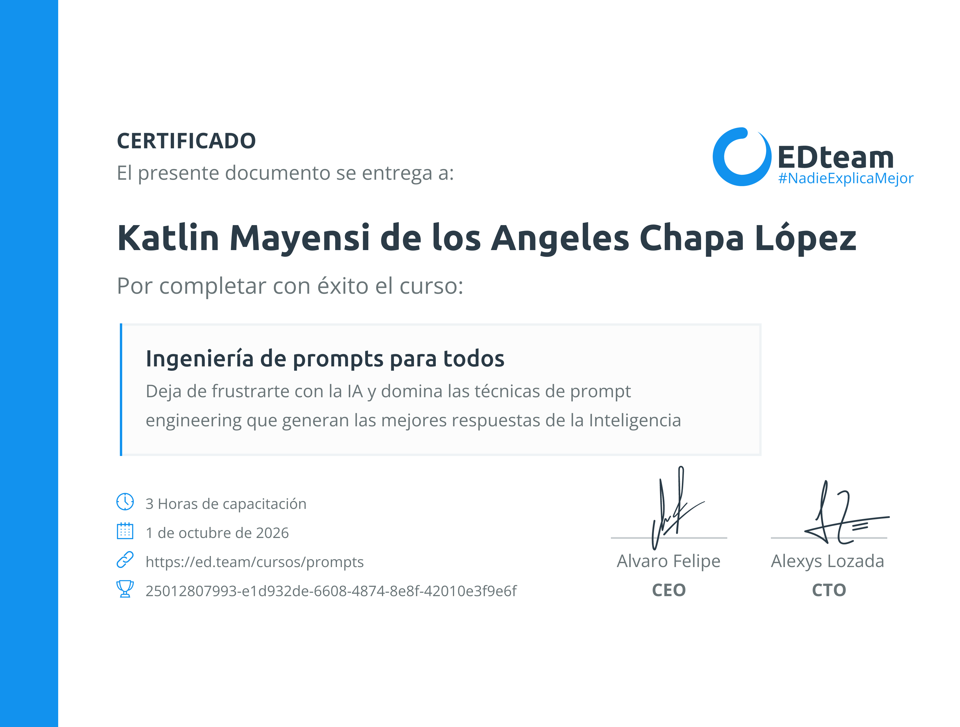 Certificado de Katlin Mayensi de los Angeles Chapa López del curso Ingeniería de prompts para todos