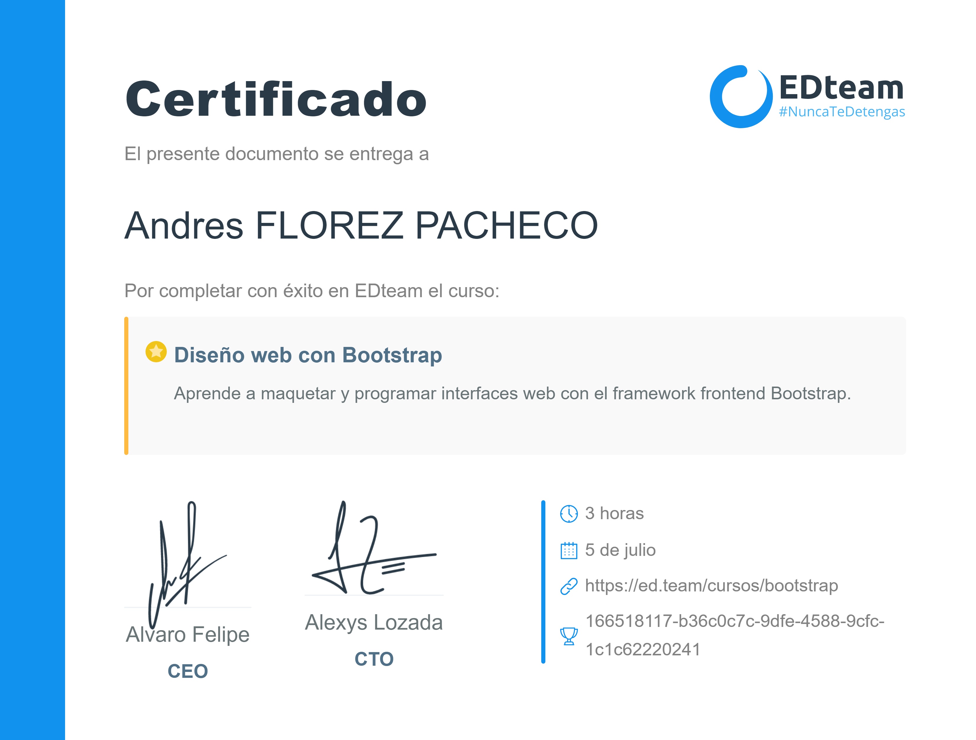 Certificado de Andres FLOREZ PACHECO del curso Diseño web con Bootstrap (2018)