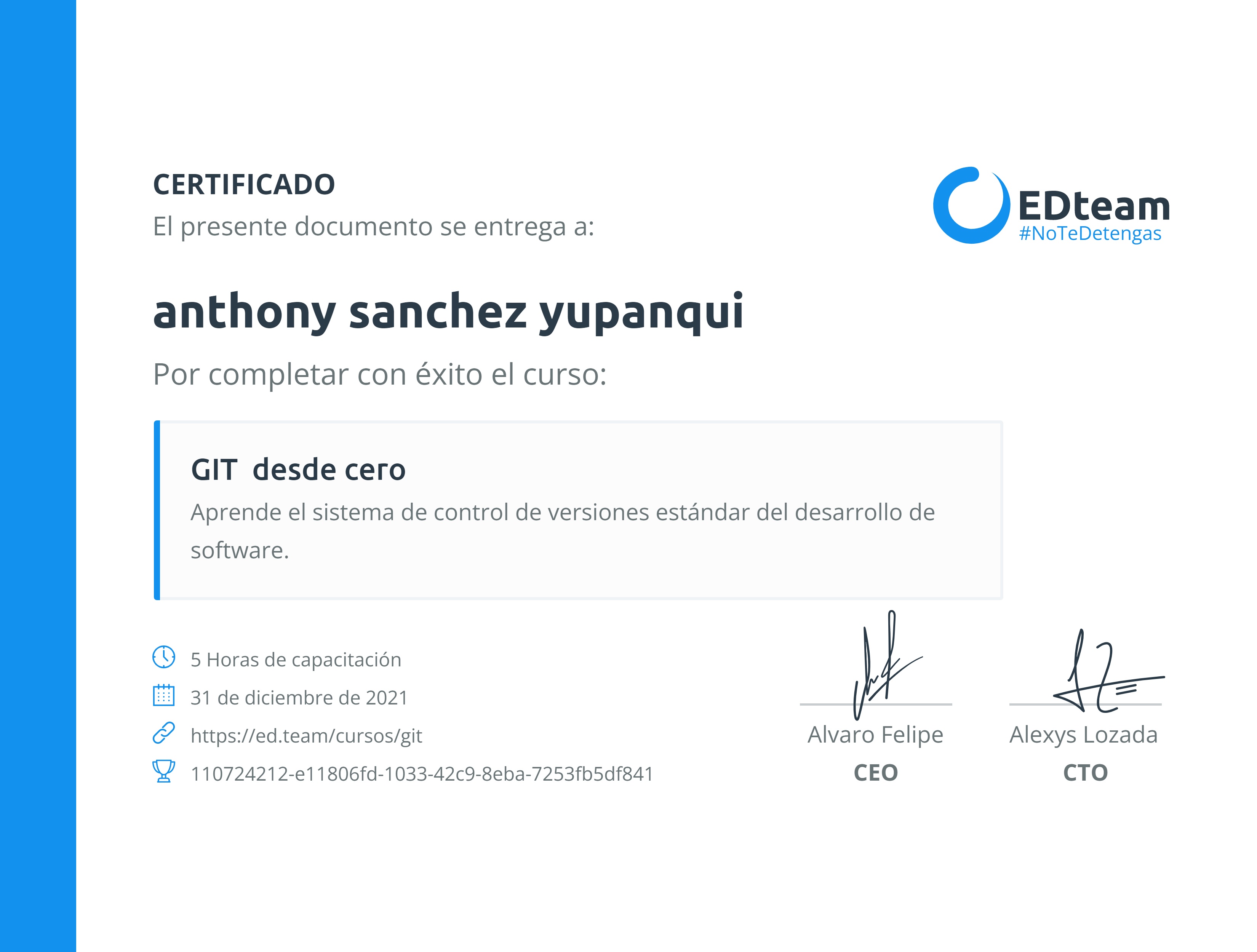 Certificado de anthony sanchez yupanqui del curso GIT desde cero