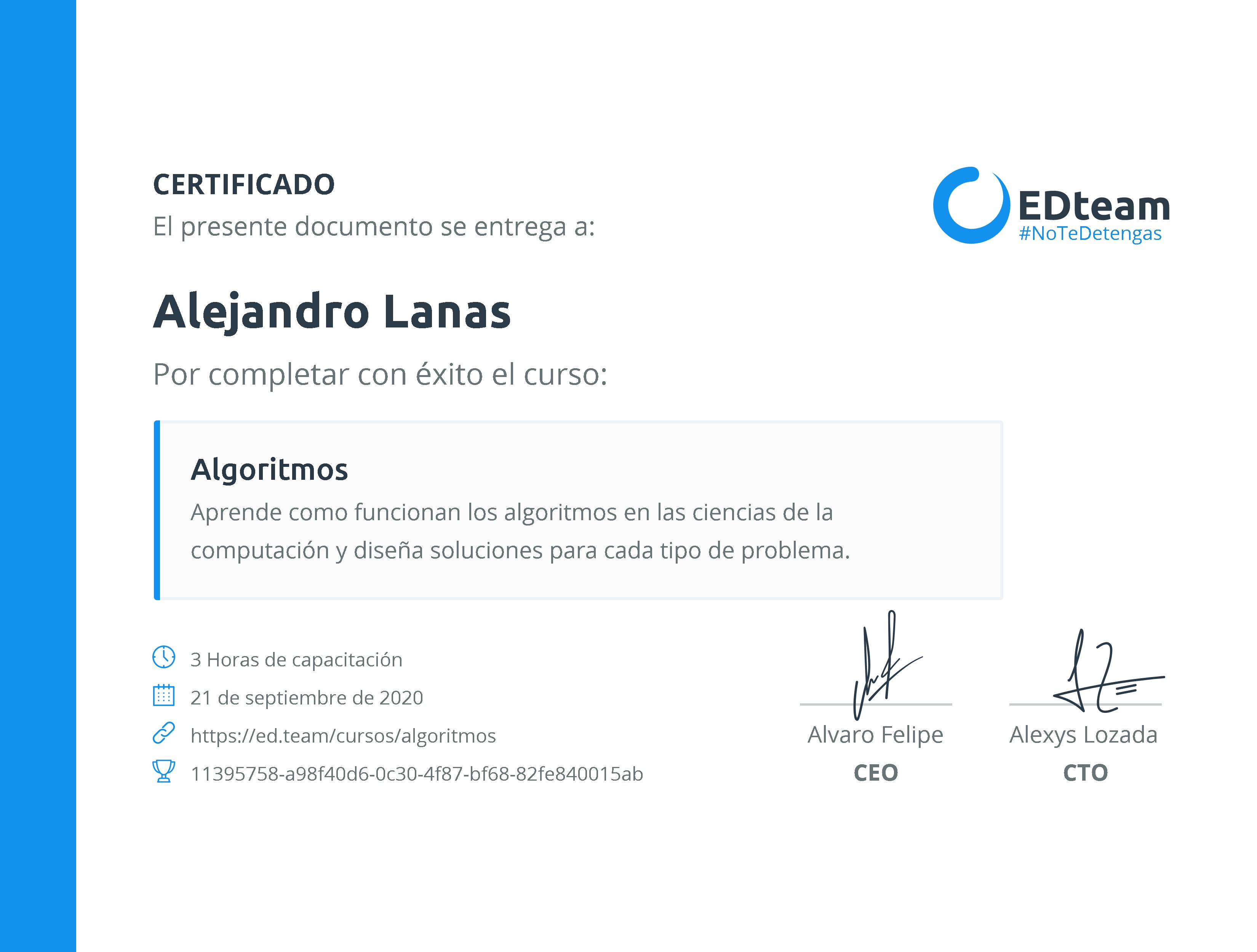 Certificado de Alejandro L. del curso Algoritmos (2018)